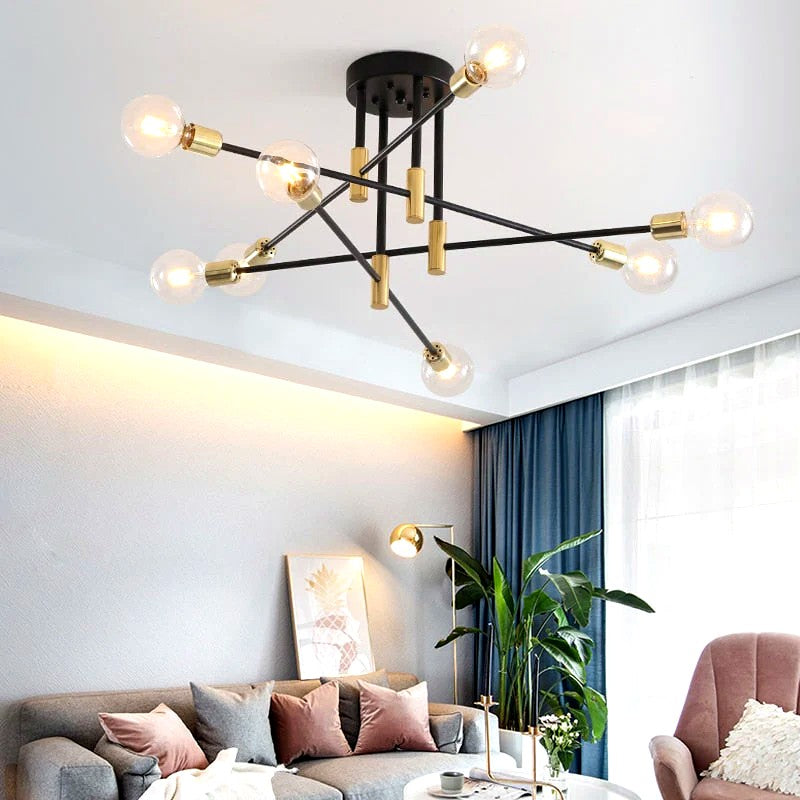 Lustre Métal Design Moderne Multi-Lampes, Branches Géométriques Noir