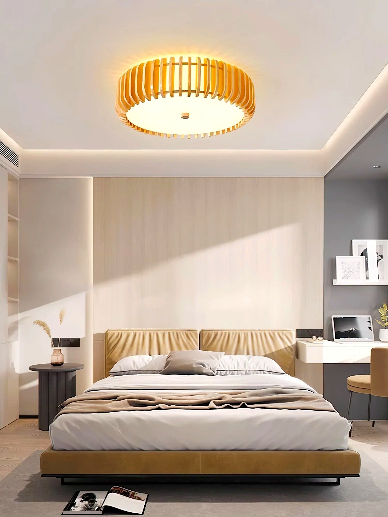 Plafonnier Bois Rond Premium Chaleureux, Diffuseur Blanc, Design