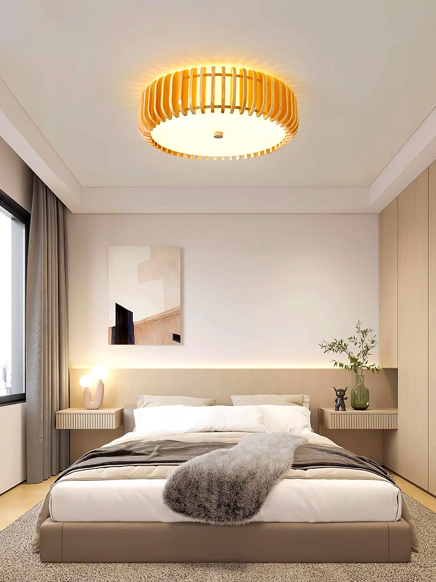 Plafonnier Bois Rond Premium Chaleureux, Diffuseur Blanc, Design