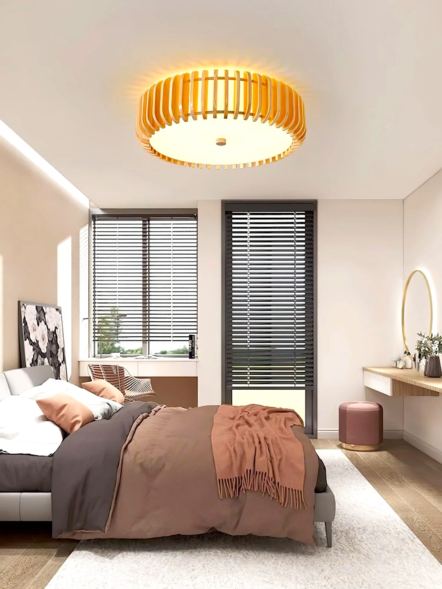 Plafonnier Bois Rond Premium Chaleureux, Diffuseur Blanc, Design