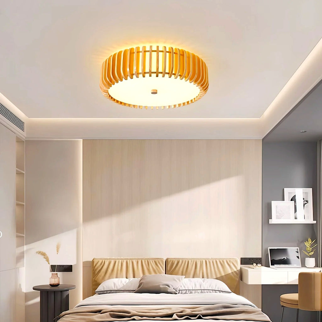 Plafonnier Bois Rond Premium Chaleureux, Diffuseur Blanc, Design