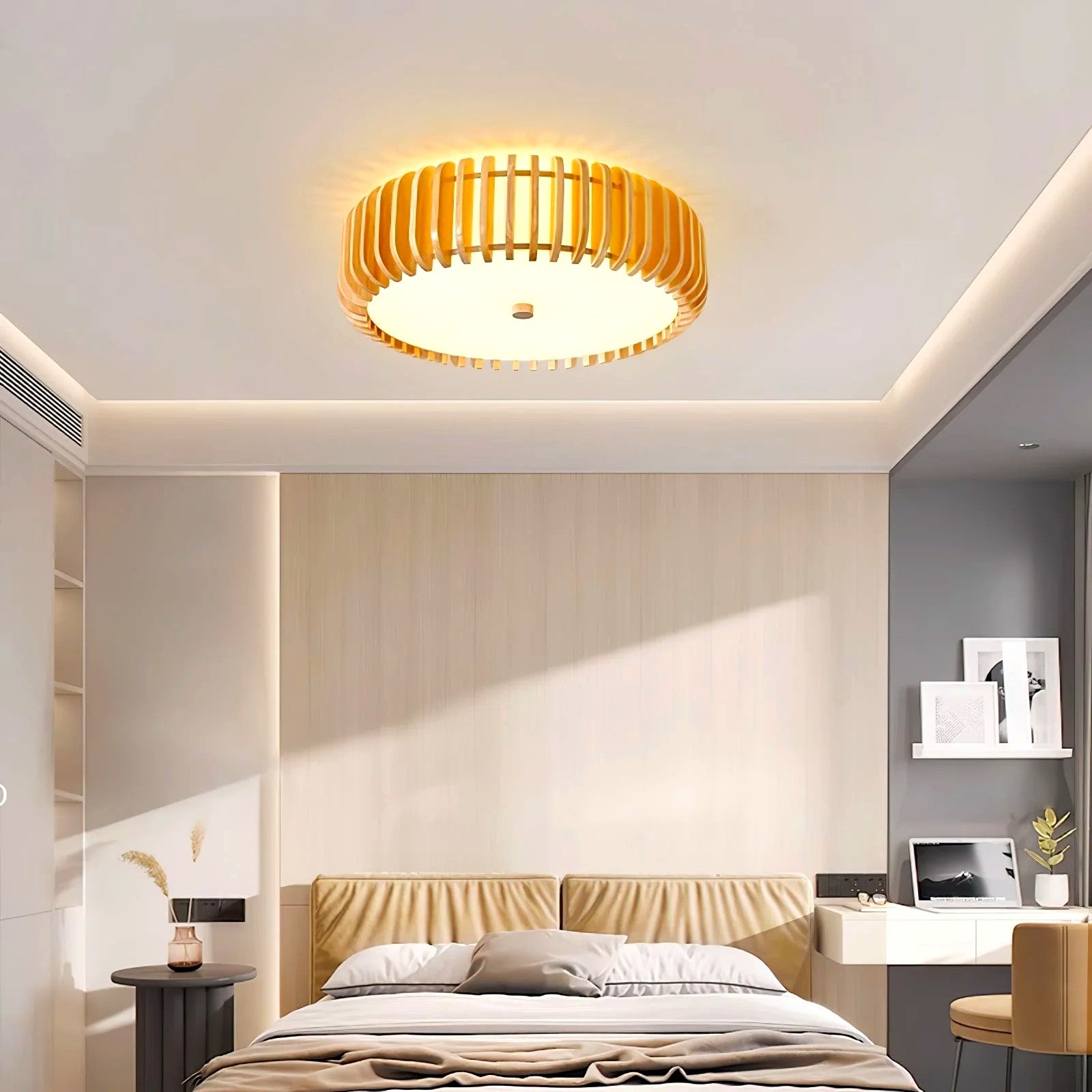 Plafonnier Bois Rond Premium Chaleureux, Diffuseur Blanc, Design
