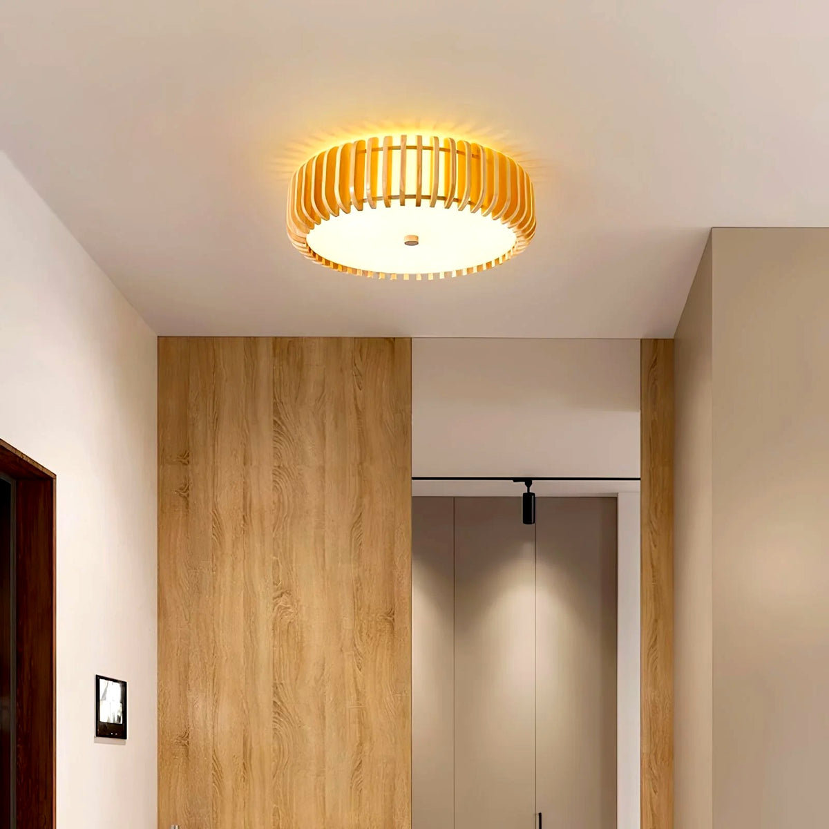 Plafonnier Bois Rond Premium Chaleureux, Diffuseur Blanc, Design