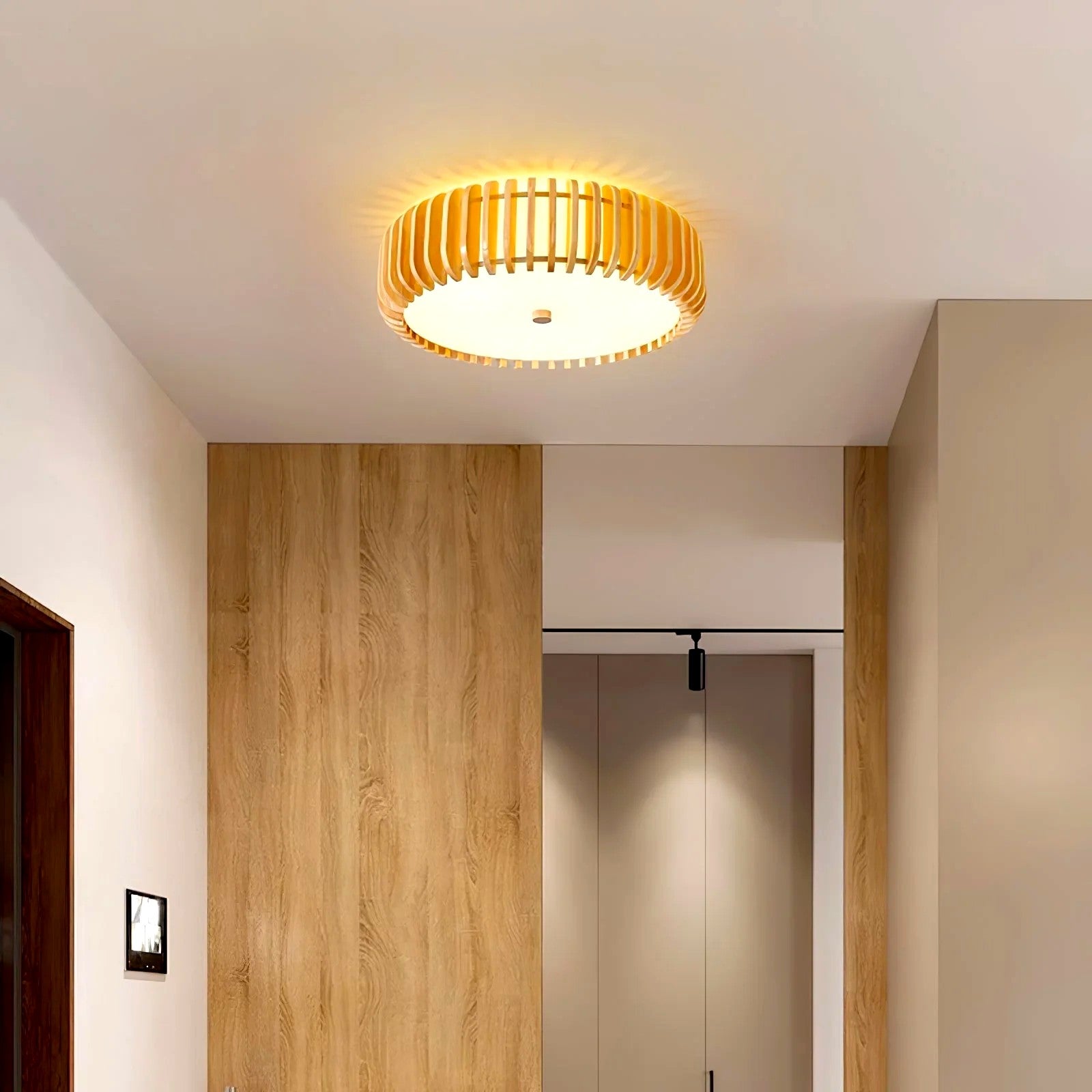 Plafonnier Bois Rond Premium Chaleureux, Diffuseur Blanc, Design