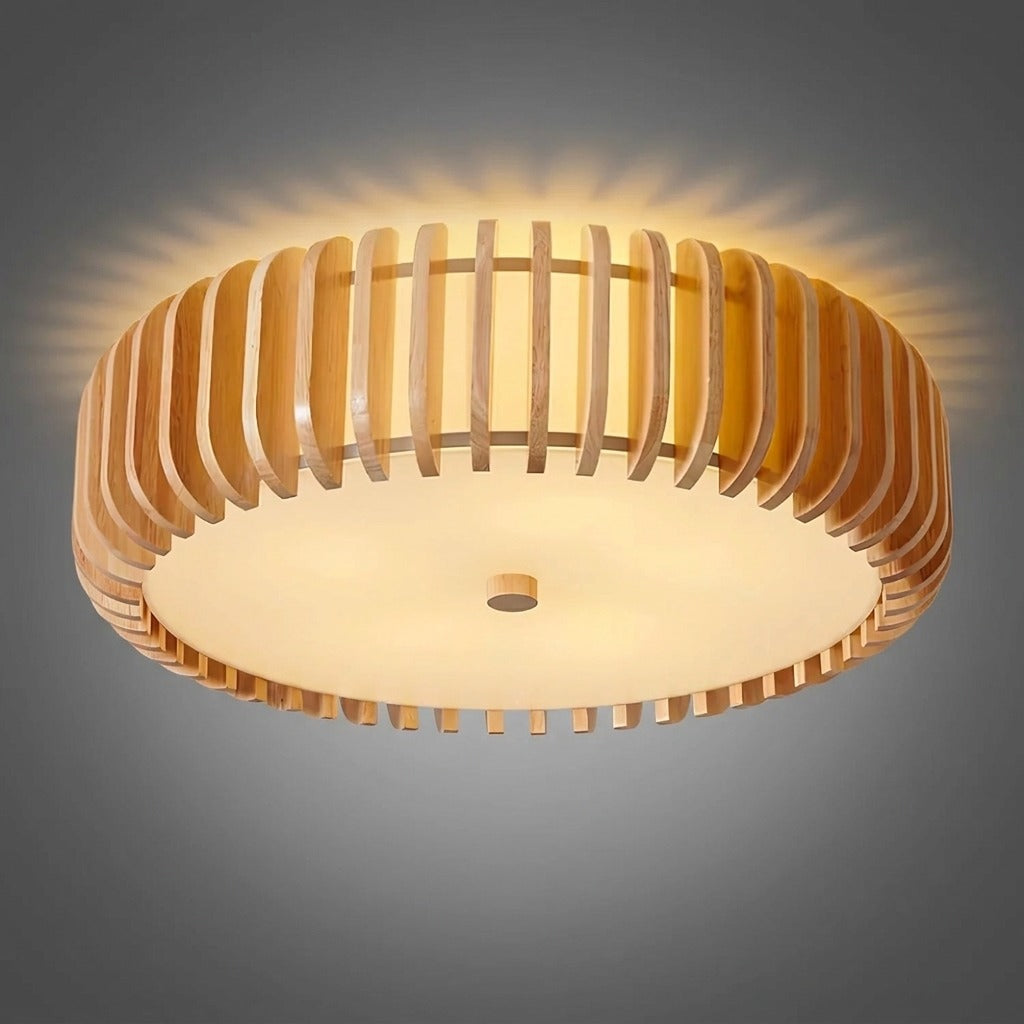 Plafonnier Bois Rond Premium Chaleureux, Diffuseur Blanc, Design