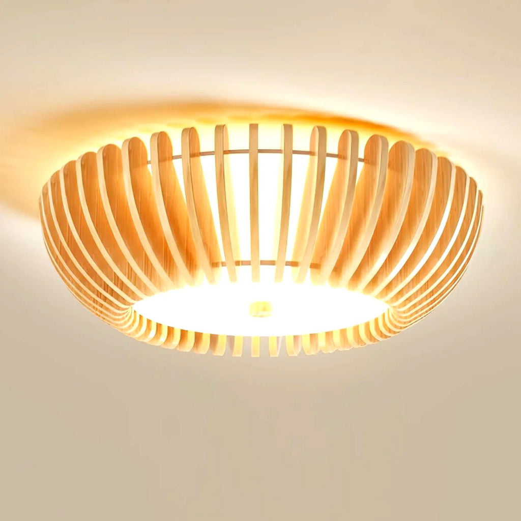 Plafonnier Bois Rond Premium Chaleureux, Diffuseur Blanc, Design