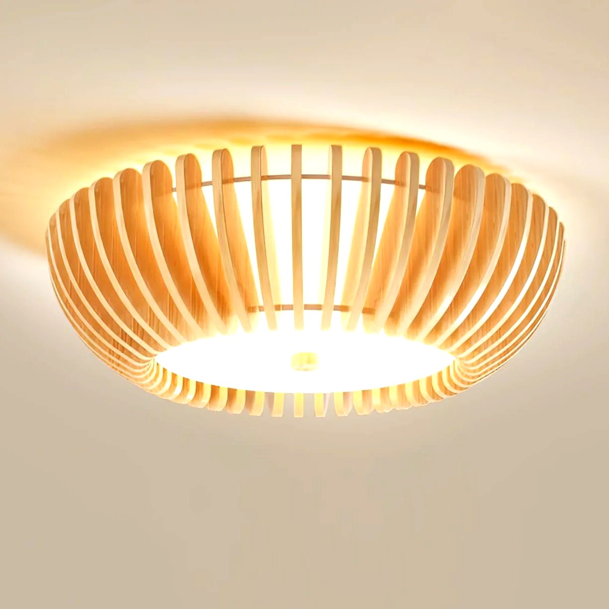 Plafonnier Bois Rond Premium Chaleureux, Diffuseur Blanc, Design