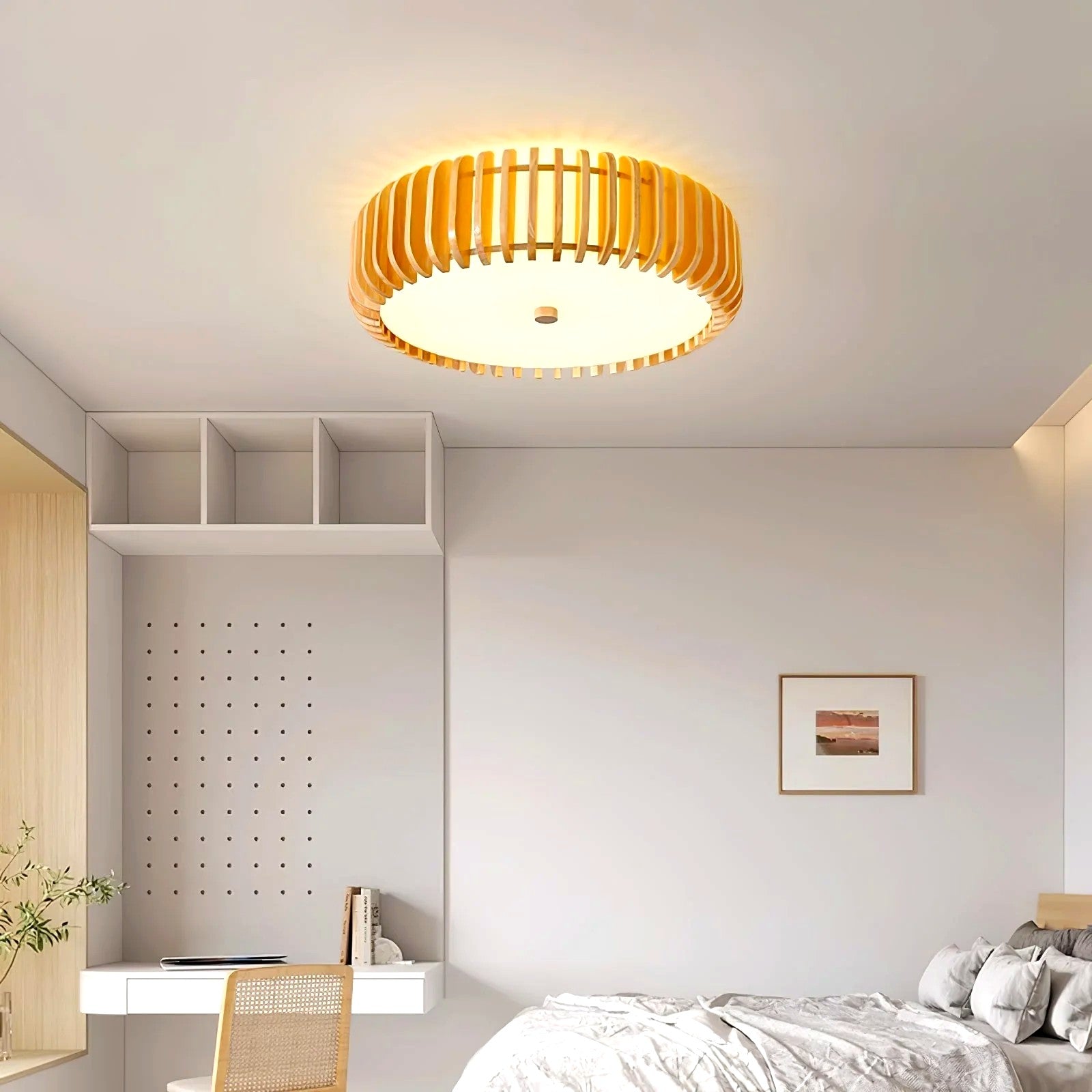 Plafonnier Bois Rond Premium Chaleureux, Diffuseur Blanc, Design