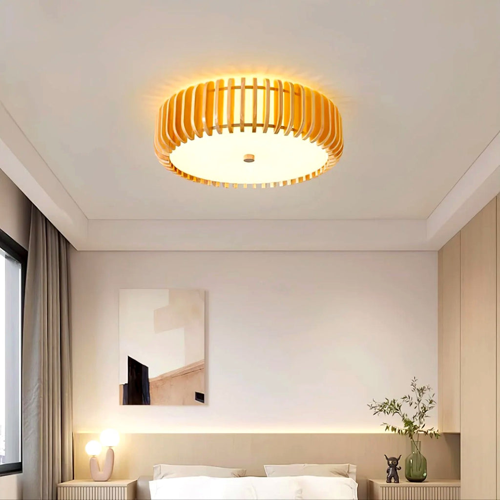 Plafonnier Bois Rond Premium Chaleureux, Diffuseur Blanc, Design