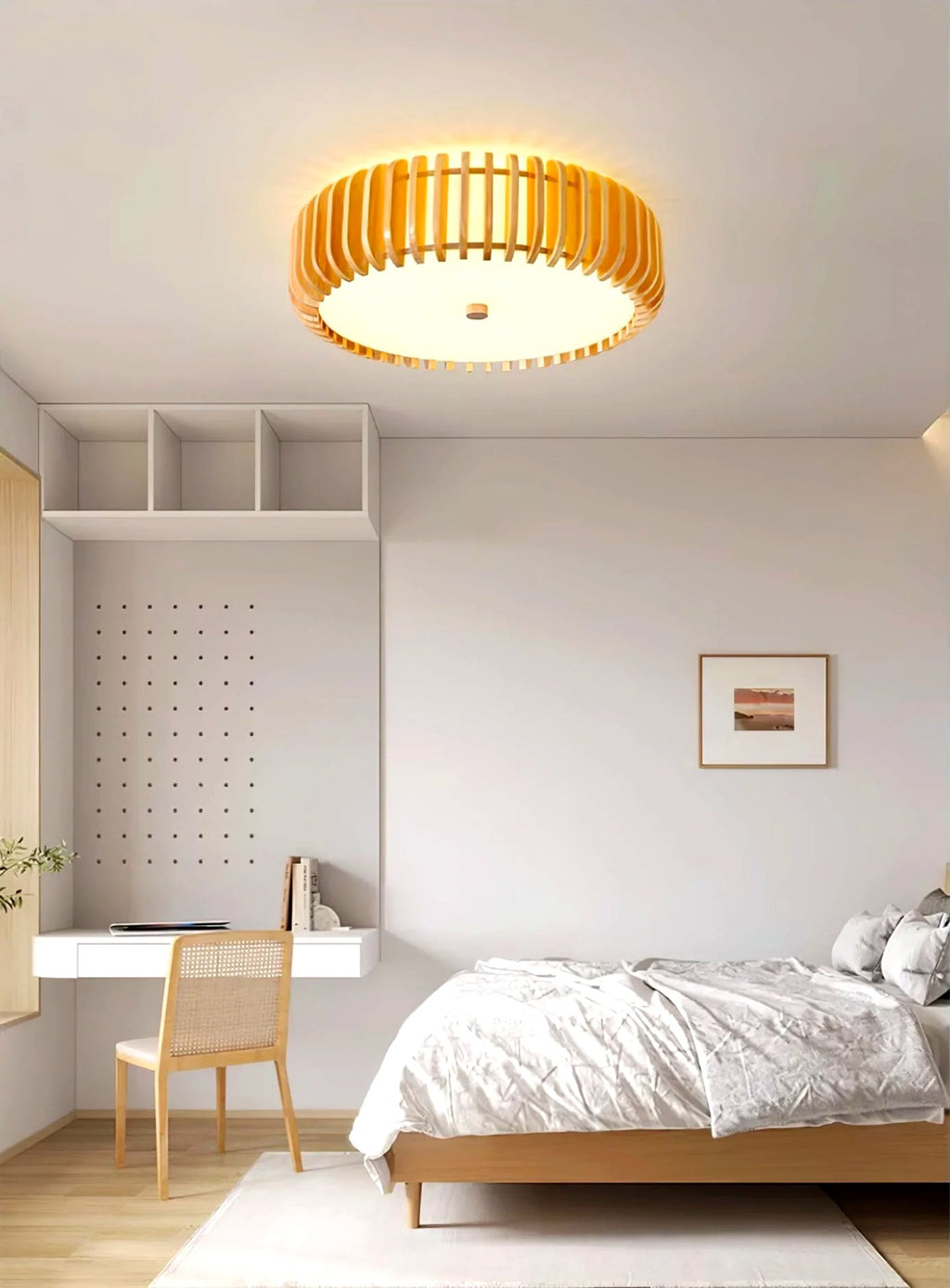 Plafonnier Bois Rond Premium Chaleureux, Diffuseur Blanc, Design