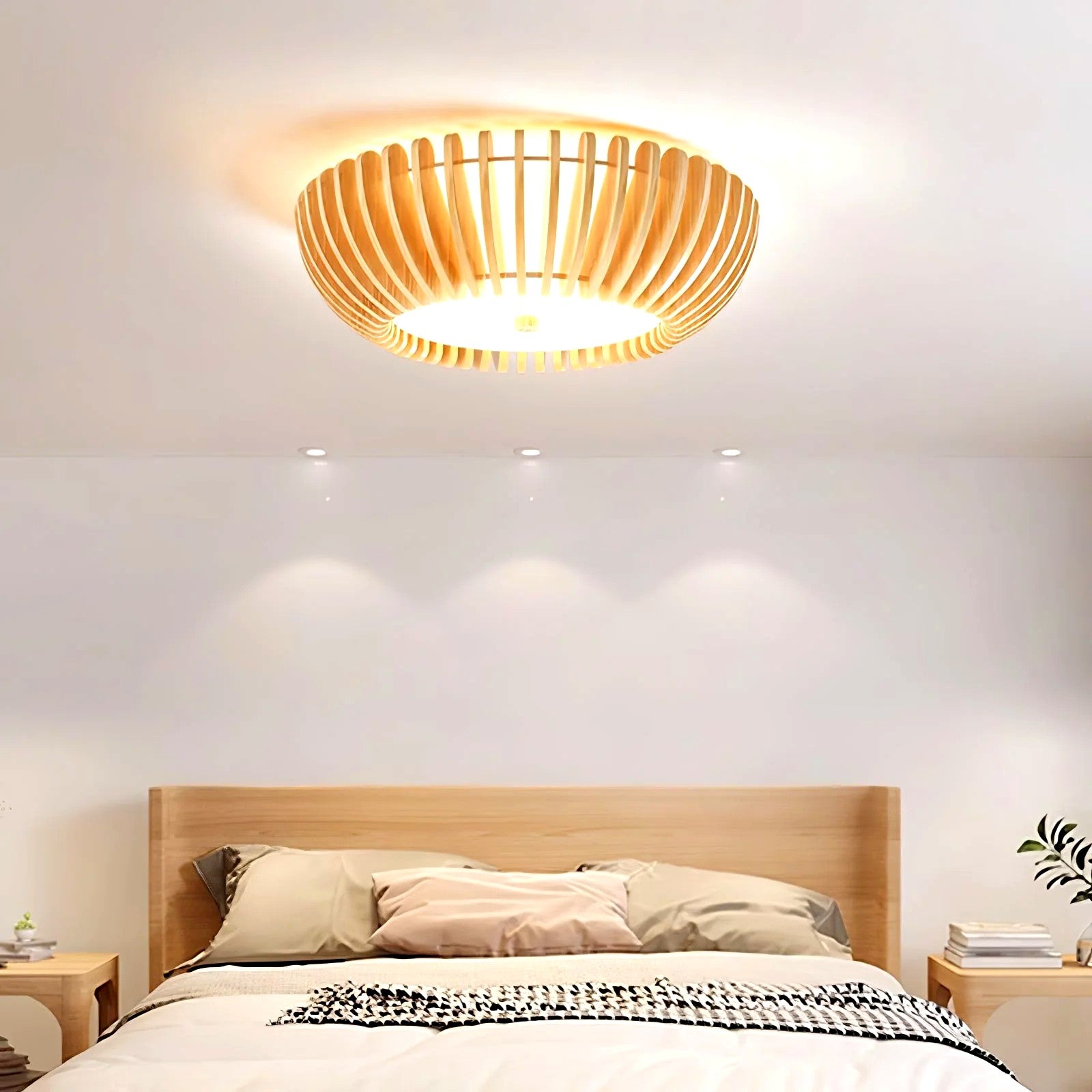 Plafonnier Bois Rond Premium Chaleureux, Diffuseur Blanc, Design