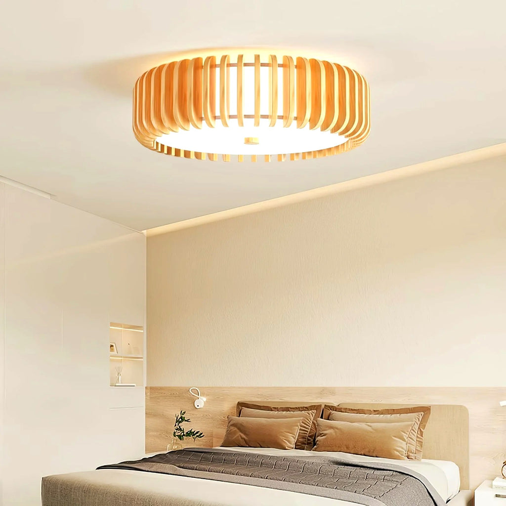 Plafonnier Bois Rond Premium Chaleureux, Diffuseur Blanc, Design
