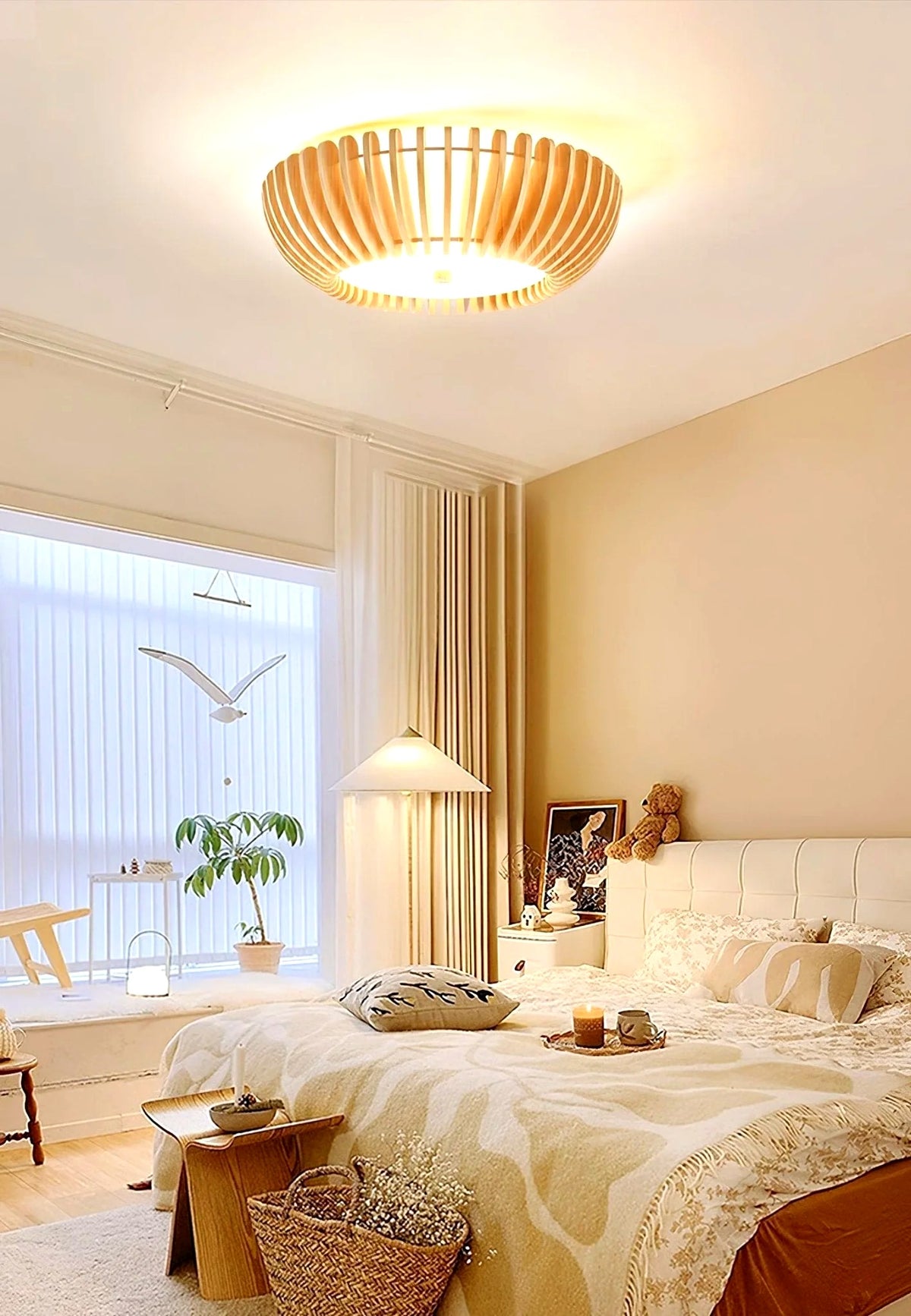 Plafonnier Bois Rond Premium Chaleureux, Diffuseur Blanc, Design