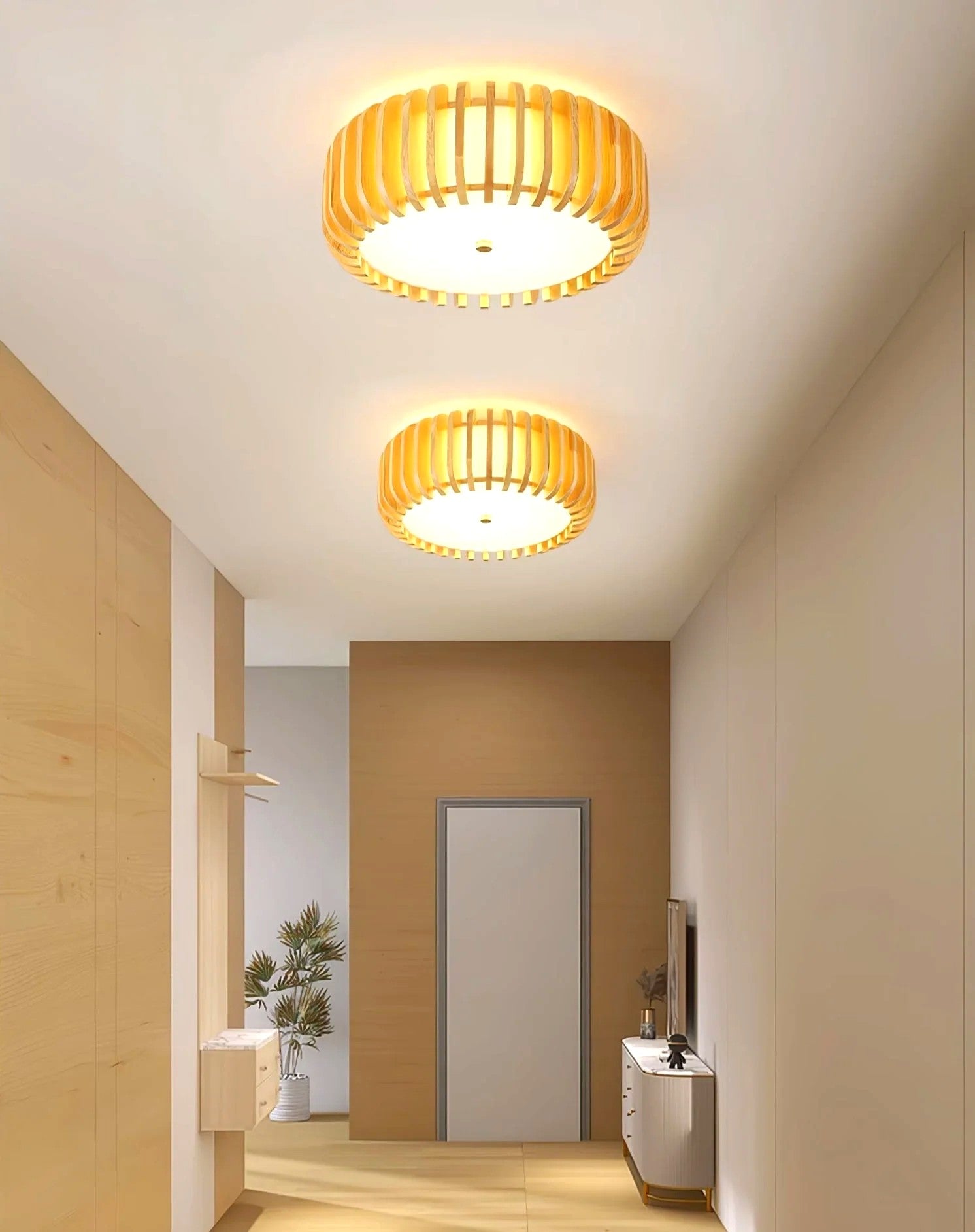 Plafonnier Bois Rond Premium Chaleureux, Diffuseur Blanc, Design