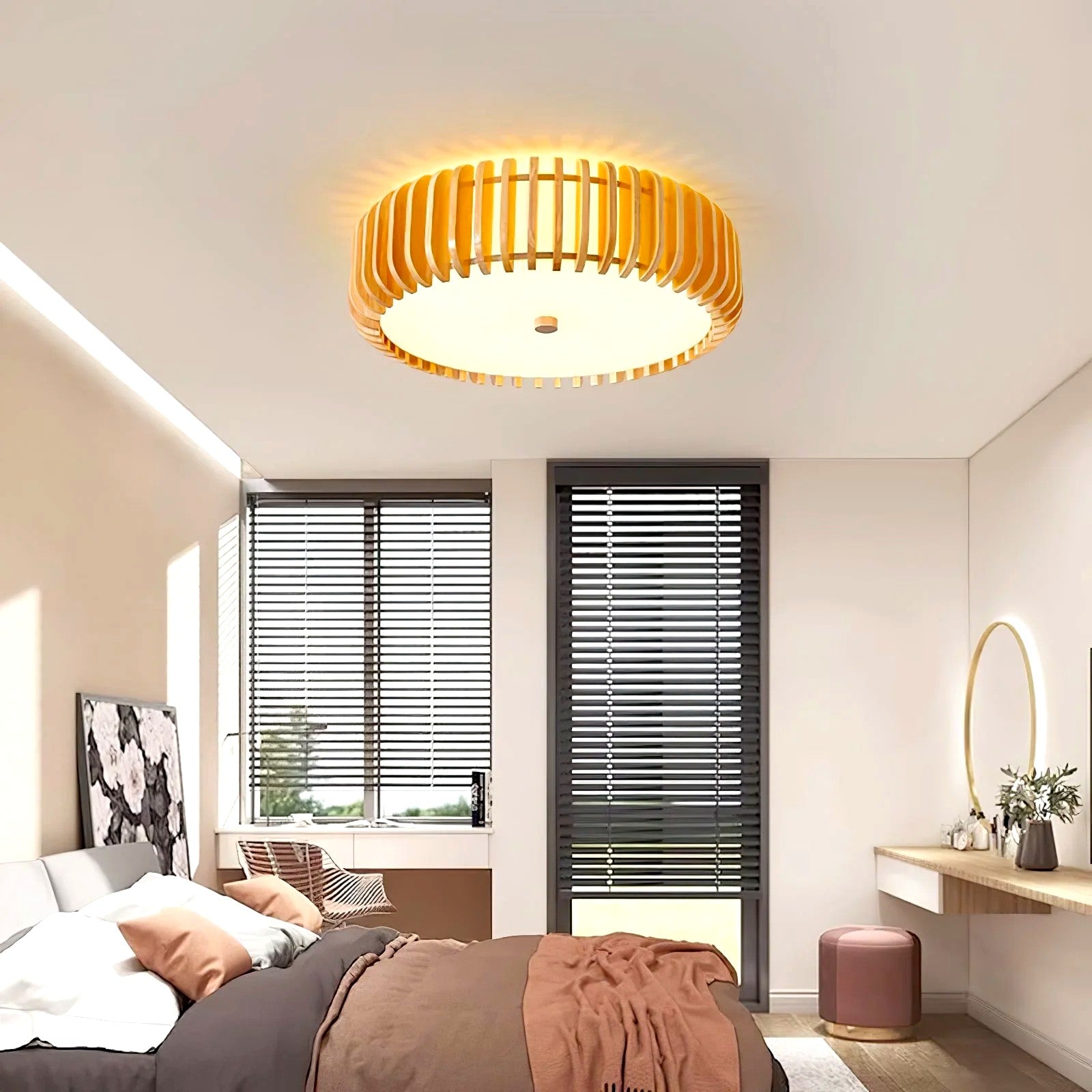Plafonnier Bois Rond Premium Chaleureux, Diffuseur Blanc, Design