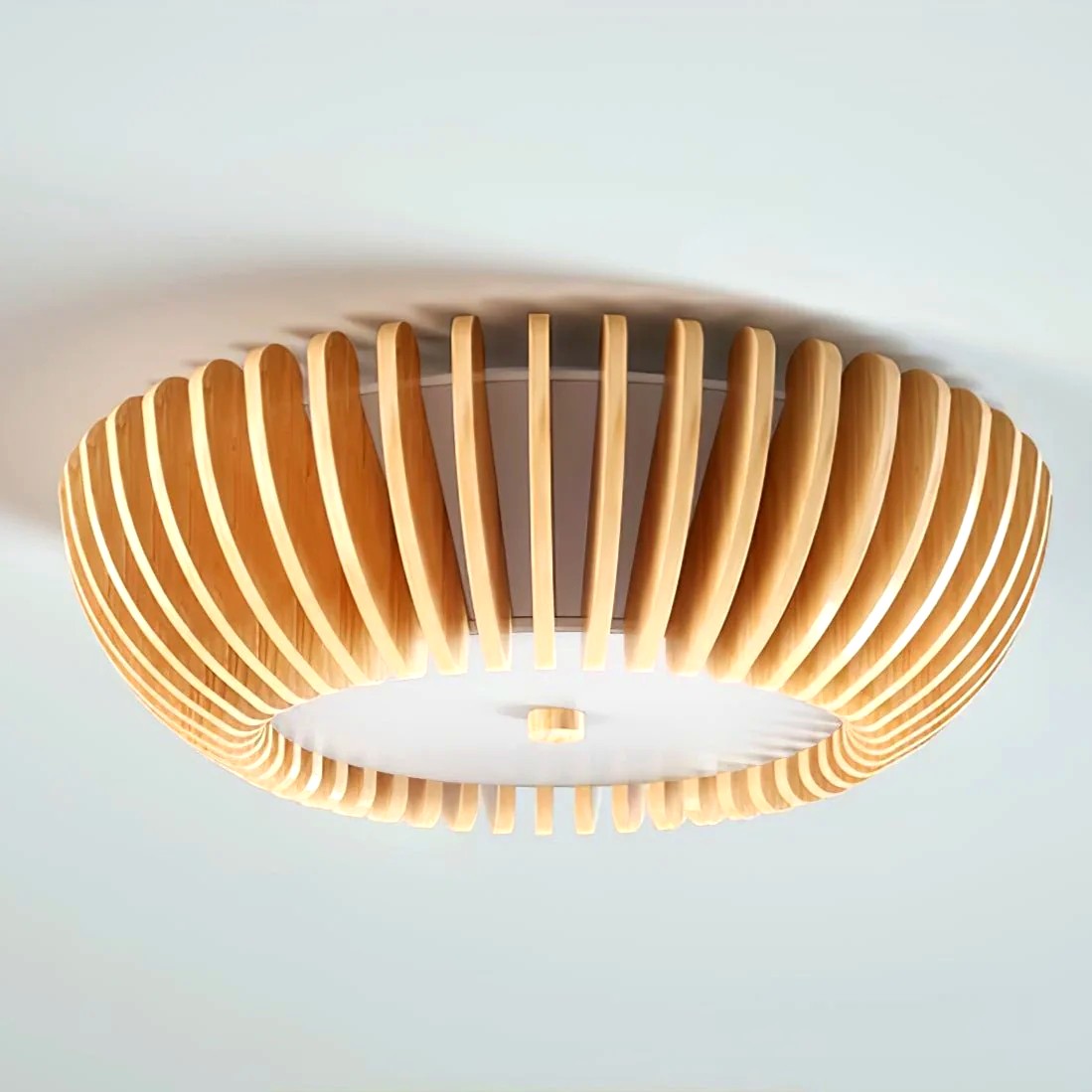 Plafonnier Bois Rond Premium Chaleureux, Diffuseur Blanc, Design