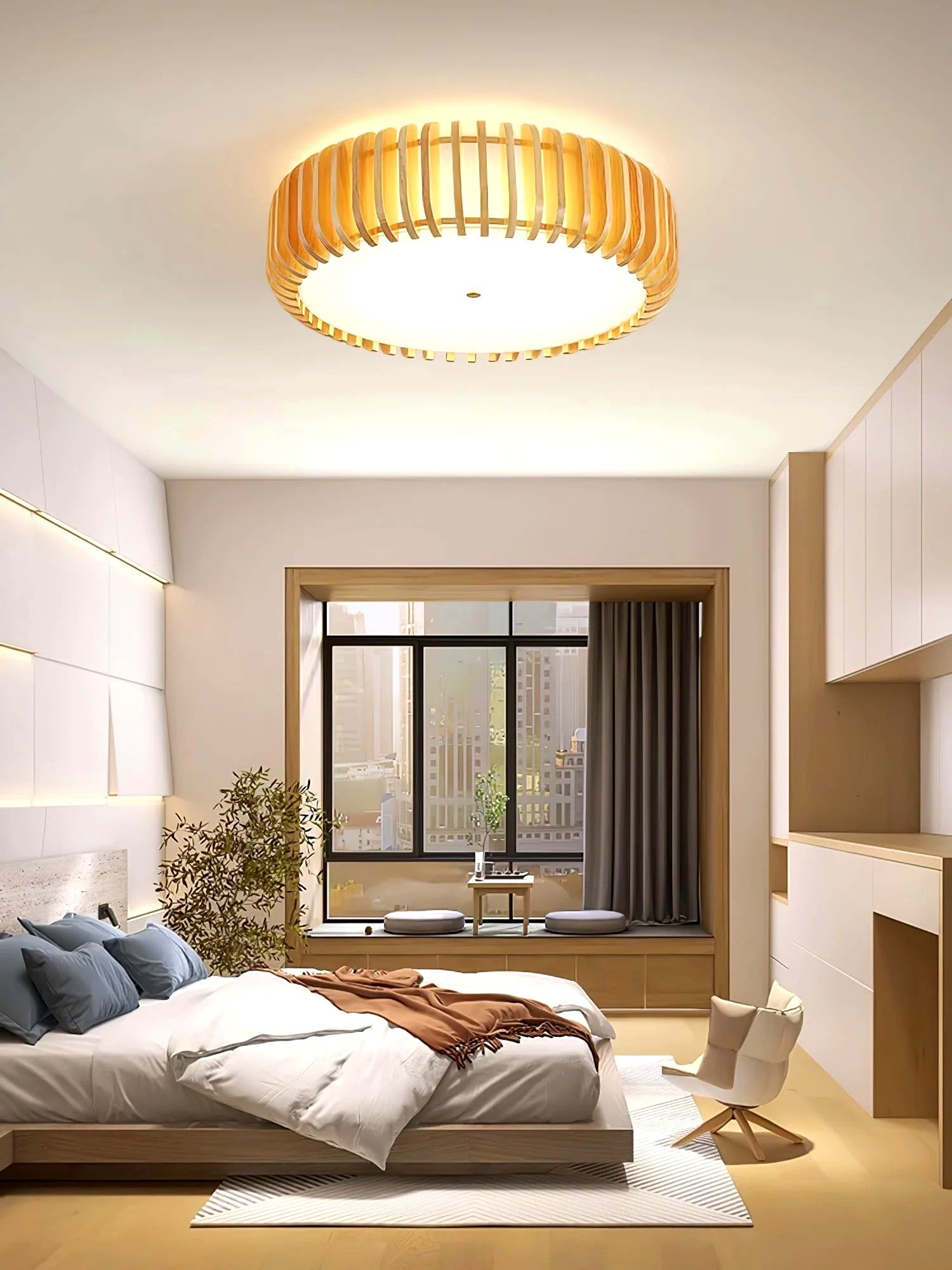 Plafonnier Bois Rond Premium Chaleureux, Diffuseur Blanc, Design