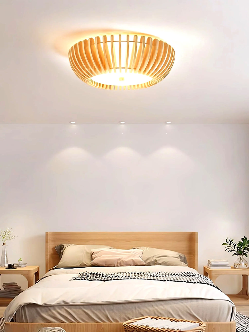 Plafonnier Bois Rond Premium Chaleureux, Diffuseur Blanc, Design