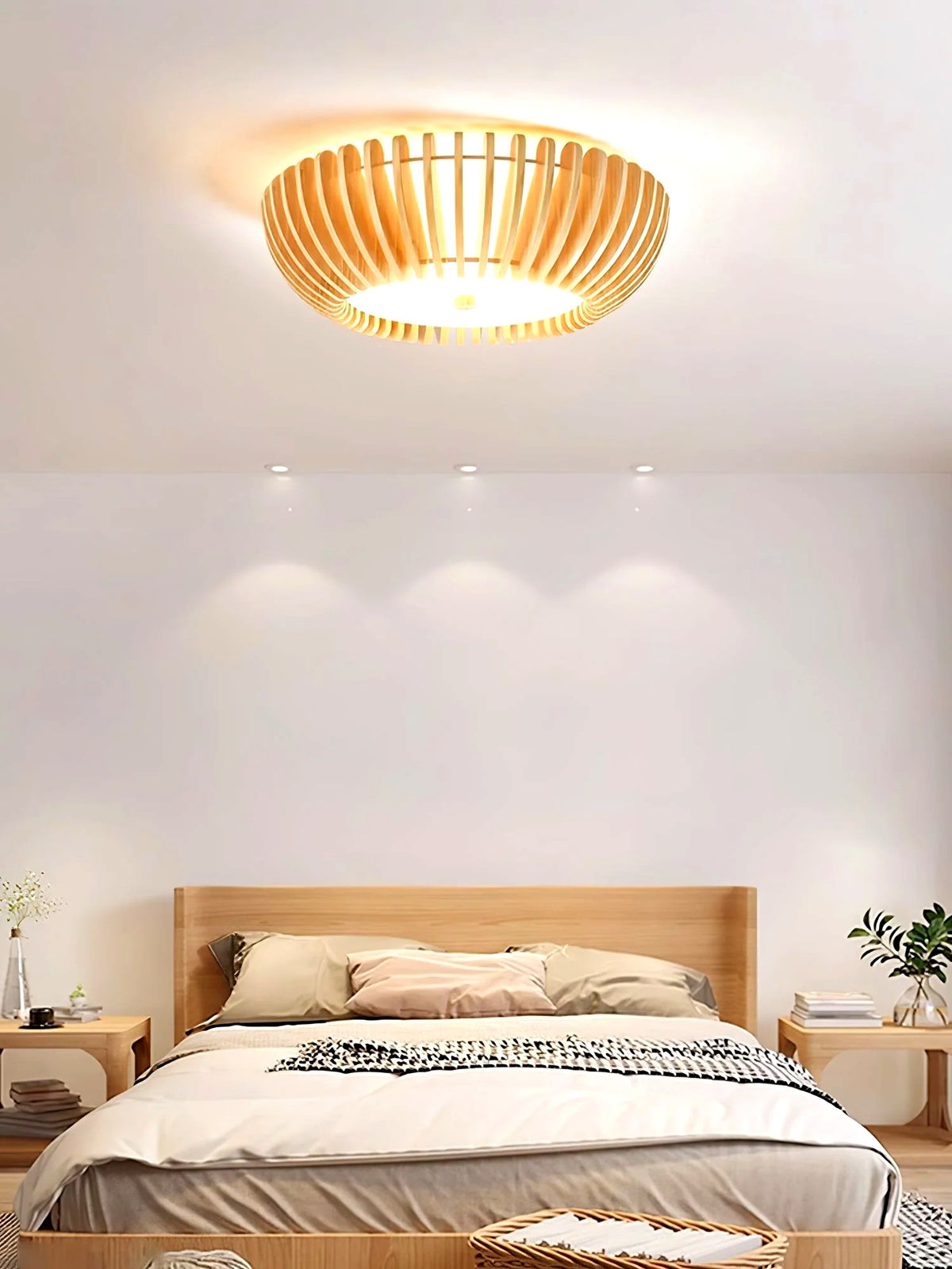 Plafonnier Bois Rond Premium Chaleureux, Diffuseur Blanc, Design