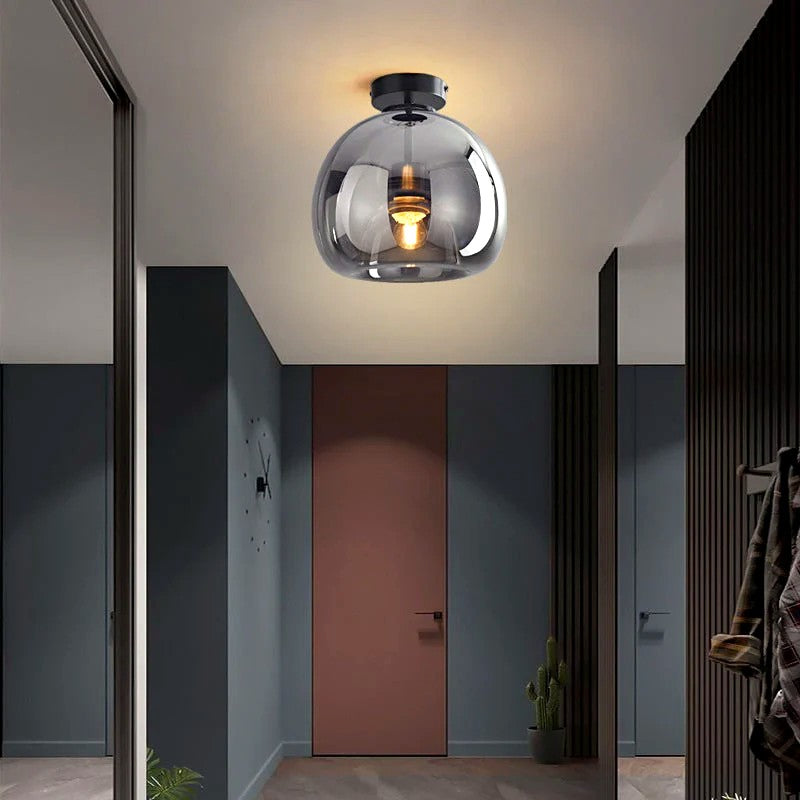 Plafonnier ou Suspension Boule Verre, Corps Cuivre Pur, Design