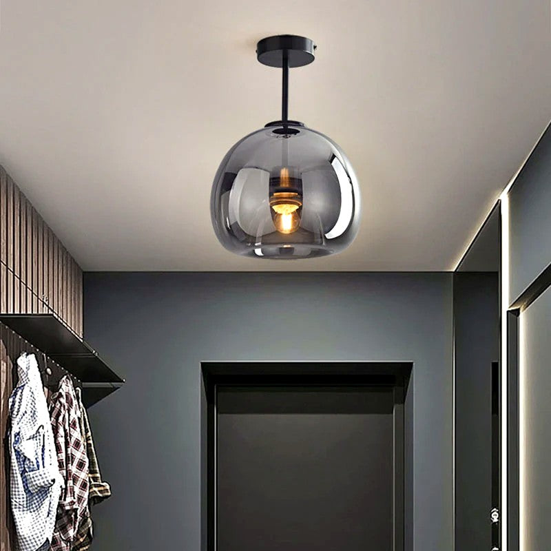 Plafonnier ou Suspension Boule Verre, Corps Cuivre Pur, Design