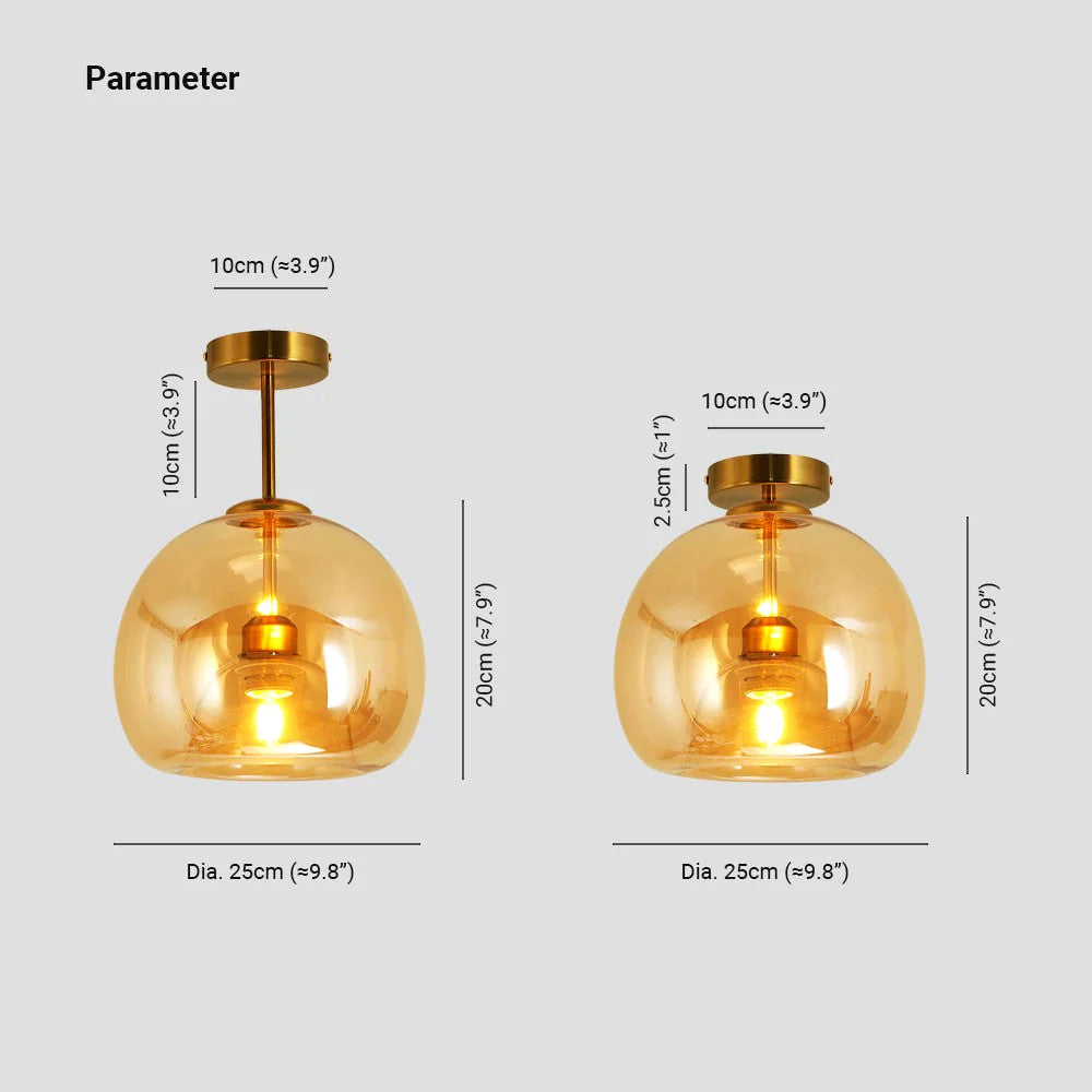 Plafonnier ou Suspension Boule Verre, Corps Cuivre Pur, Design