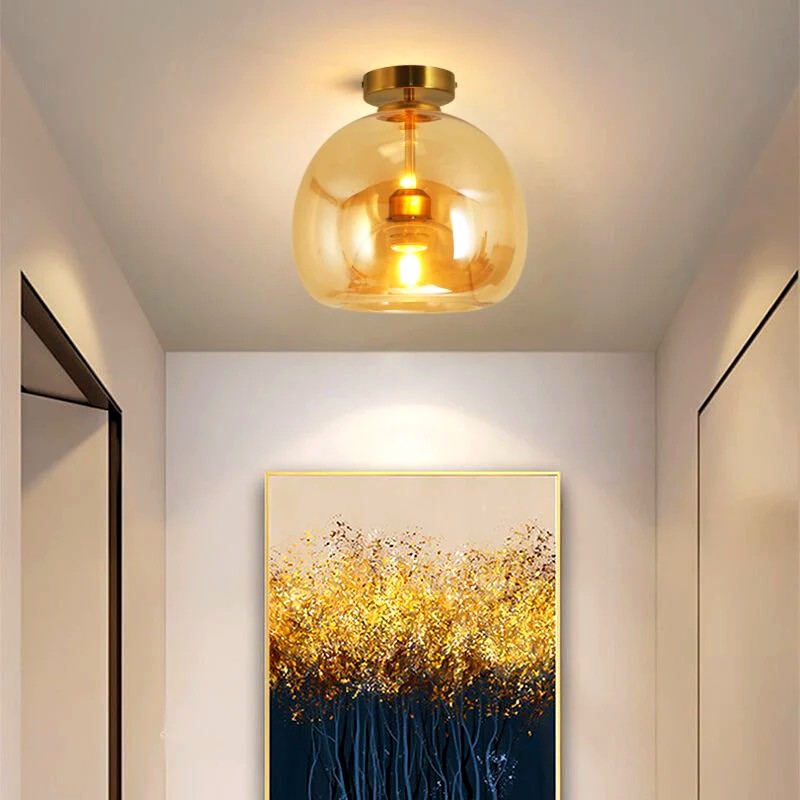Plafonnier ou Suspension Boule Verre, Corps Cuivre Pur, Design