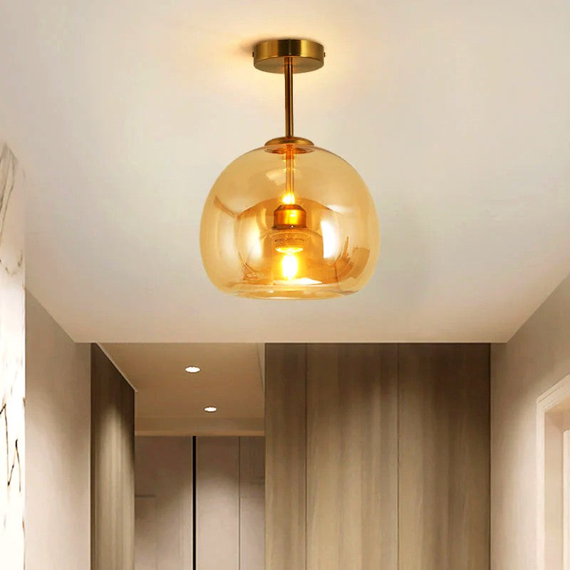 Plafonnier ou Suspension Boule Verre, Corps Cuivre Pur, Design