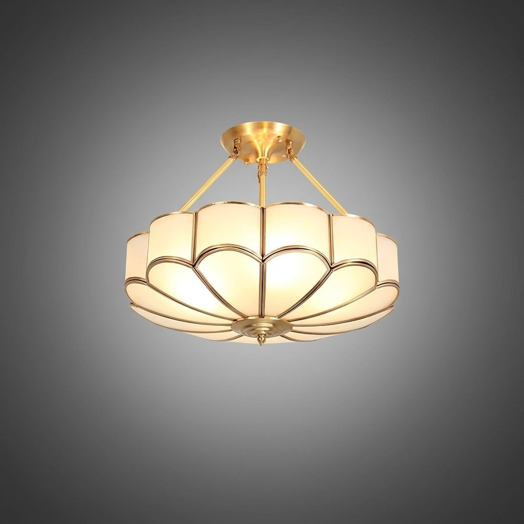 Plafonnier Pétales Verre Givré Laiton, Design Artistique Poétique