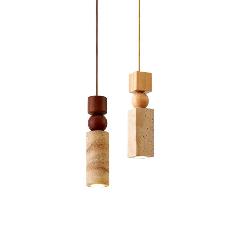 Suspension Bois et Travertin Géométrique, Design Minimaliste Nordique