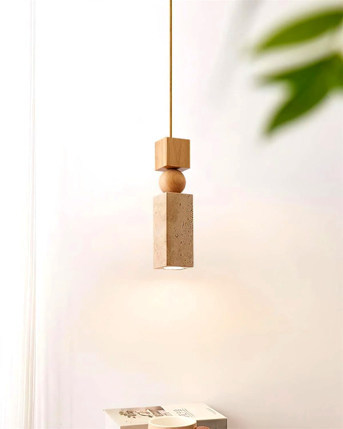 Suspension Bois et Travertin Géométrique, Design Minimaliste Nordique