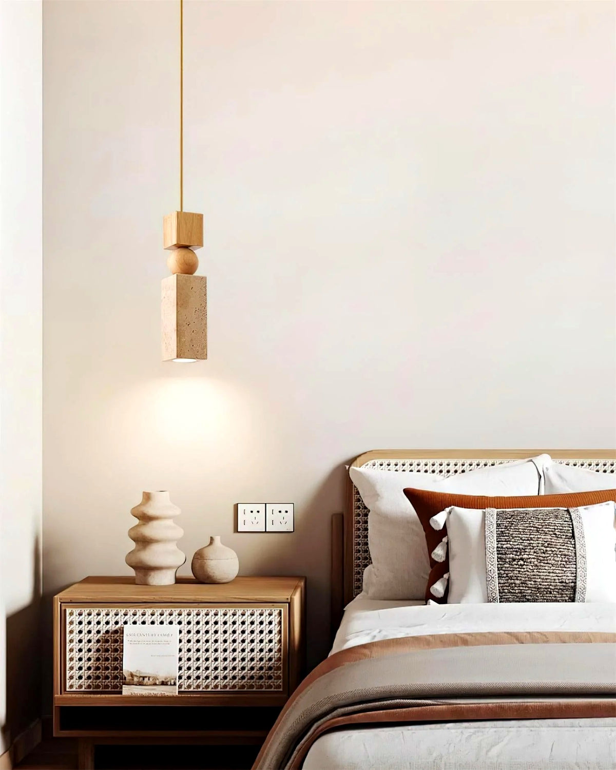Suspension Bois et Travertin Géométrique, Design Minimaliste Nordique