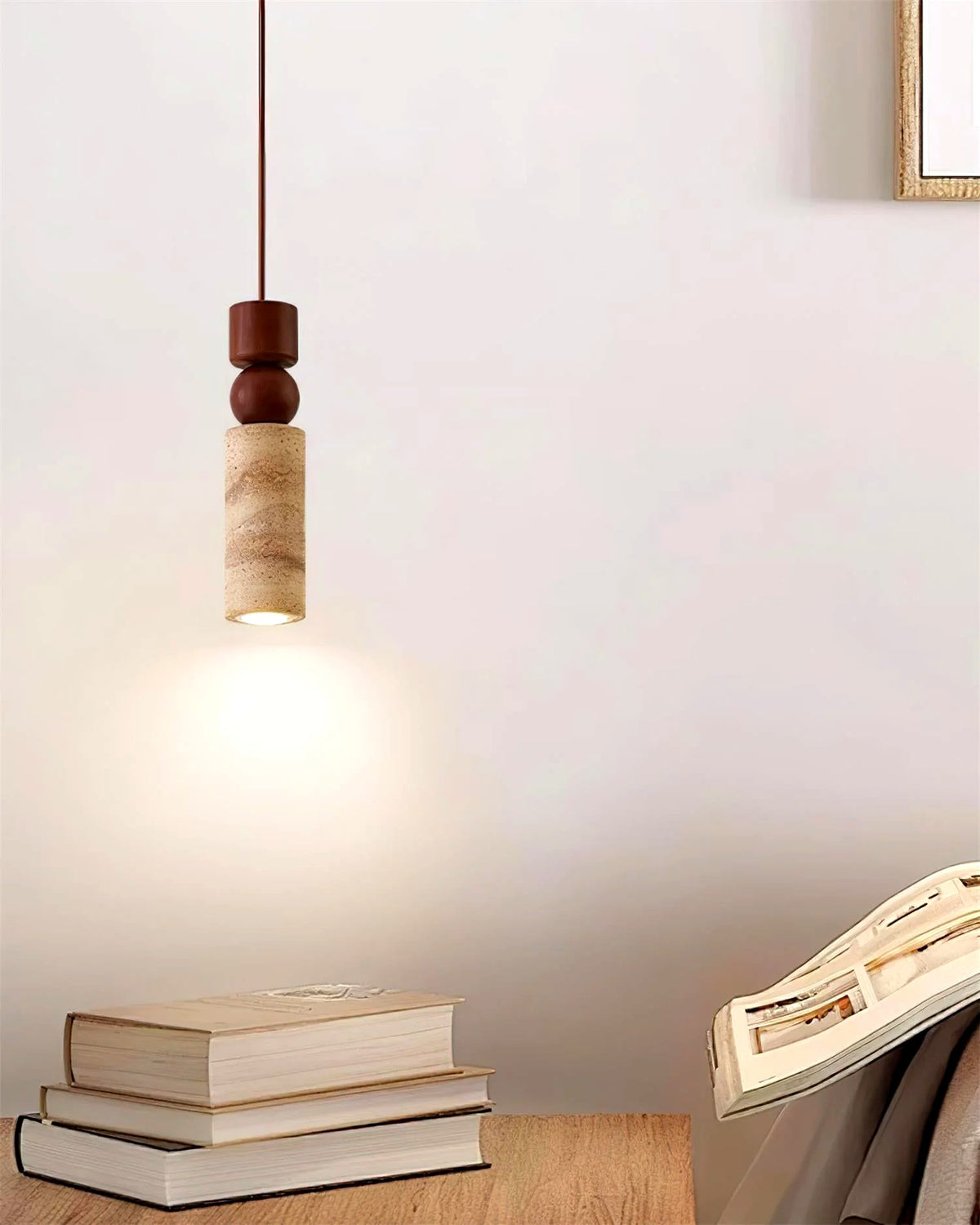 Suspension Bois et Travertin Géométrique, Design Minimaliste Nordique