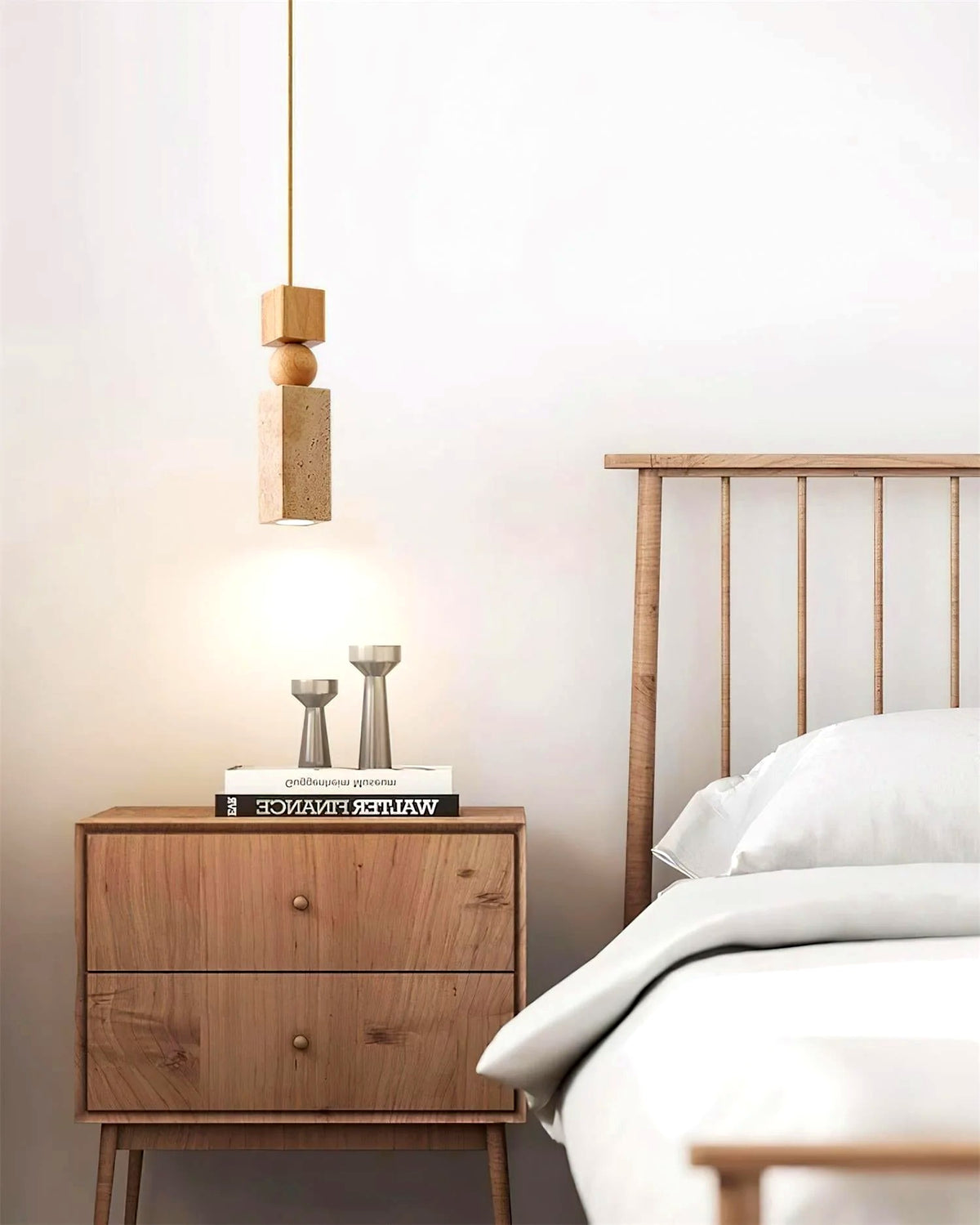 Suspension Bois et Travertin Géométrique, Design Minimaliste Nordique