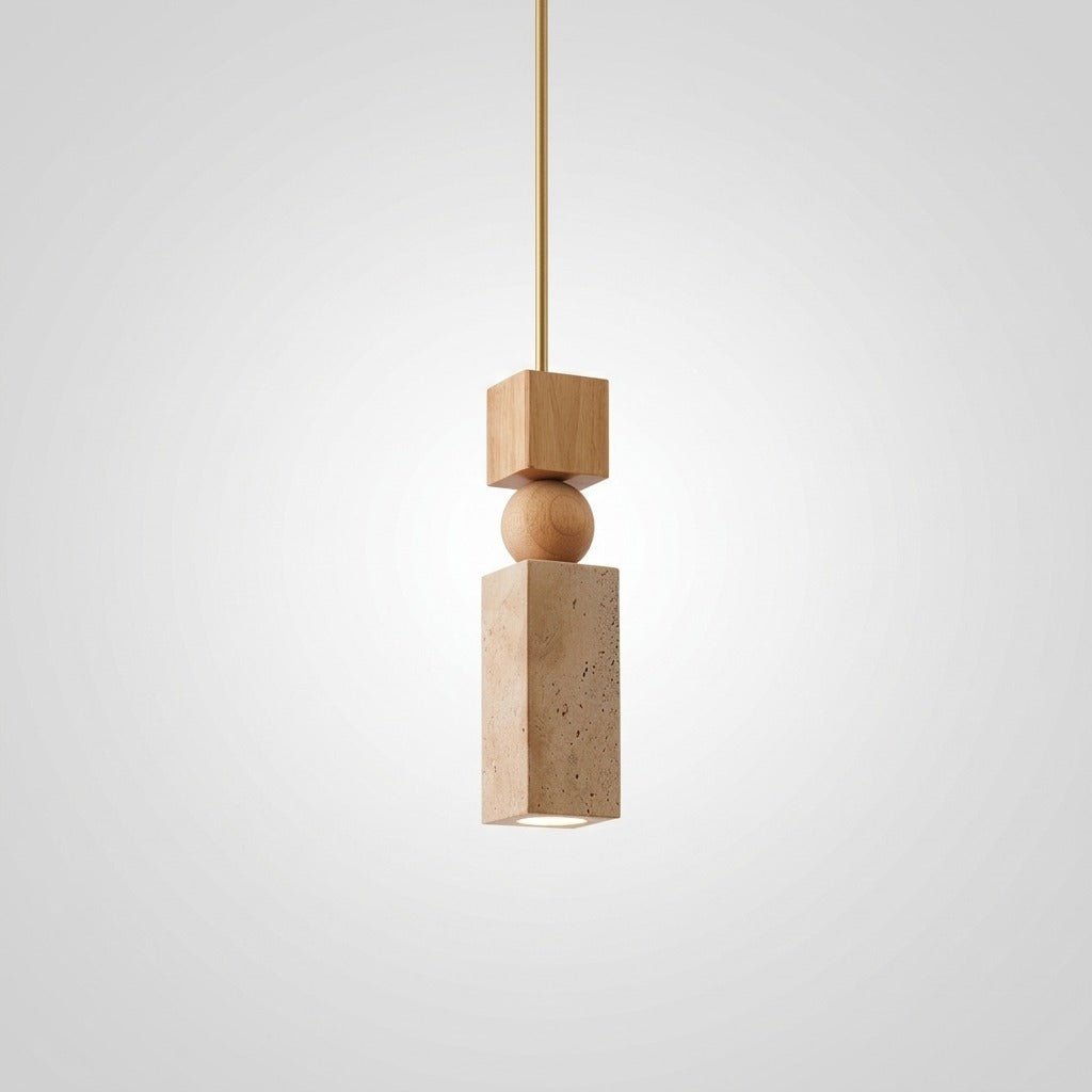 Suspension Bois et Travertin Géométrique, Design Minimaliste Nordique