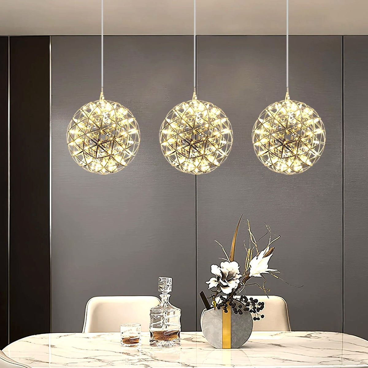 Suspension Boules Multiples Luxe Postmoderne, Sphères Métal Poli