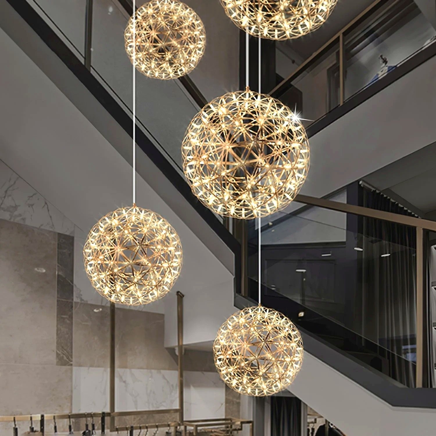 Suspension Boules Multiples Luxe Postmoderne, Sphères Métal Poli