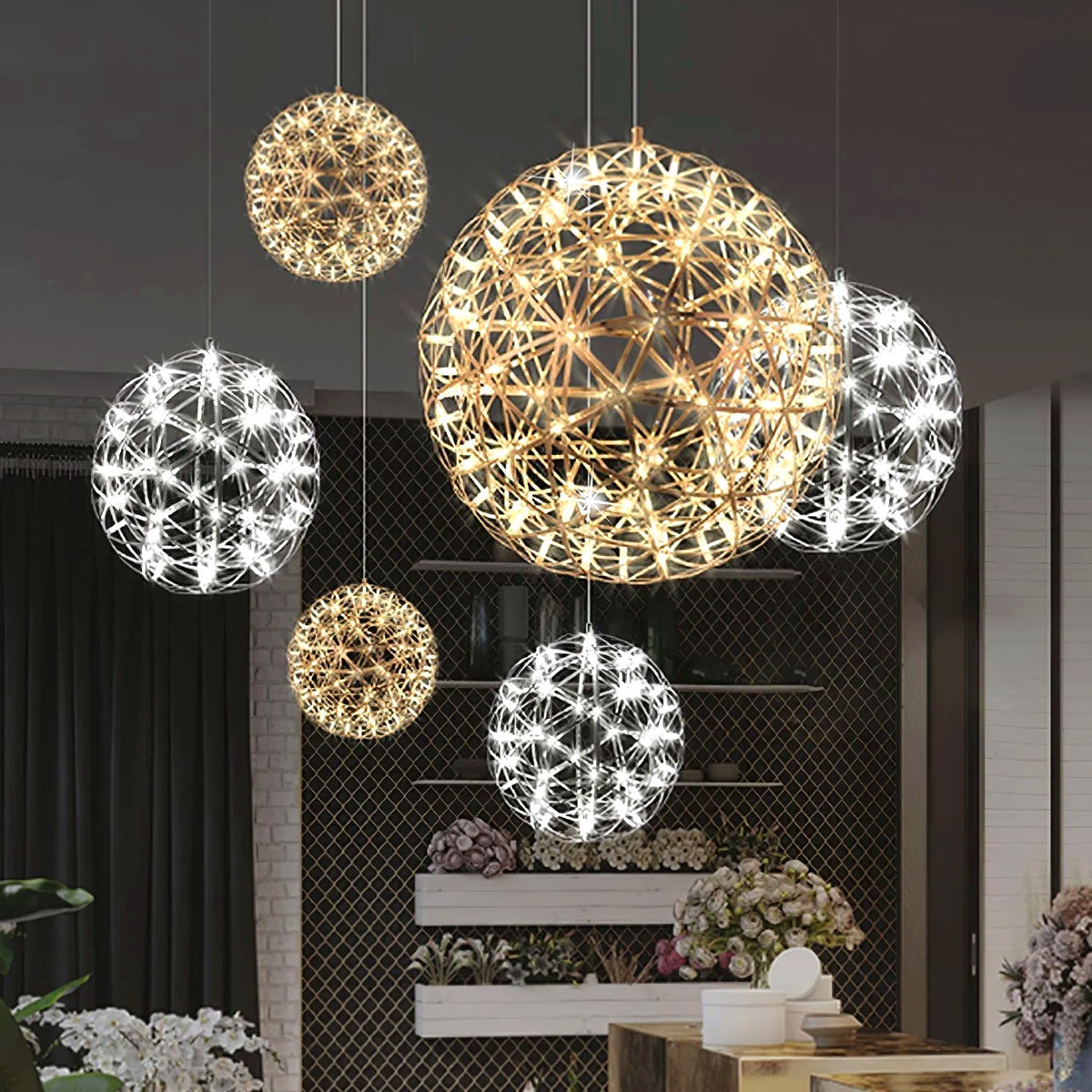 Suspension Boules Multiples Luxe Postmoderne, Sphères Métal Poli