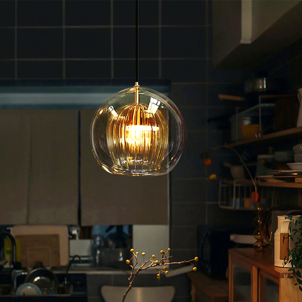 Suspension Bulle Globe Verre Nordique, Monture Dorée Aérienne, Chambre