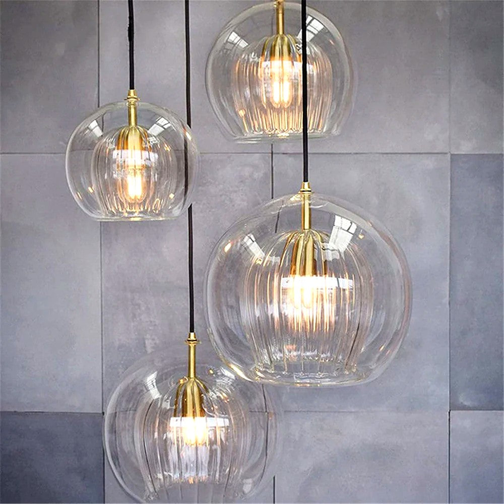 Suspension Bulle Globe Verre Nordique, Monture Dorée Aérienne, Chambre
