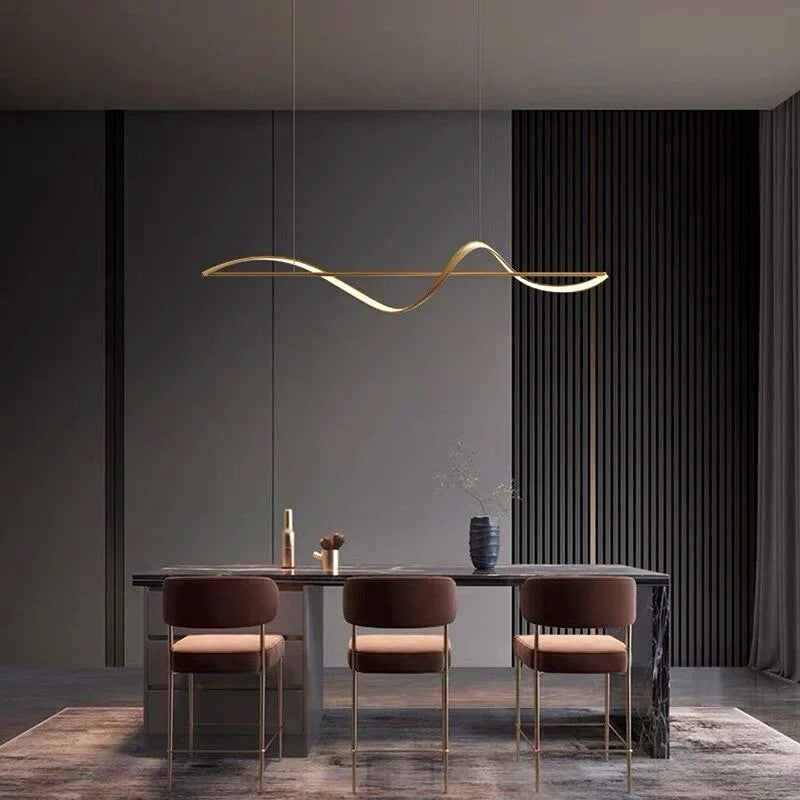 Suspension LED Ondulée Design Sculptural, Métal Silicone Fluide, Salon