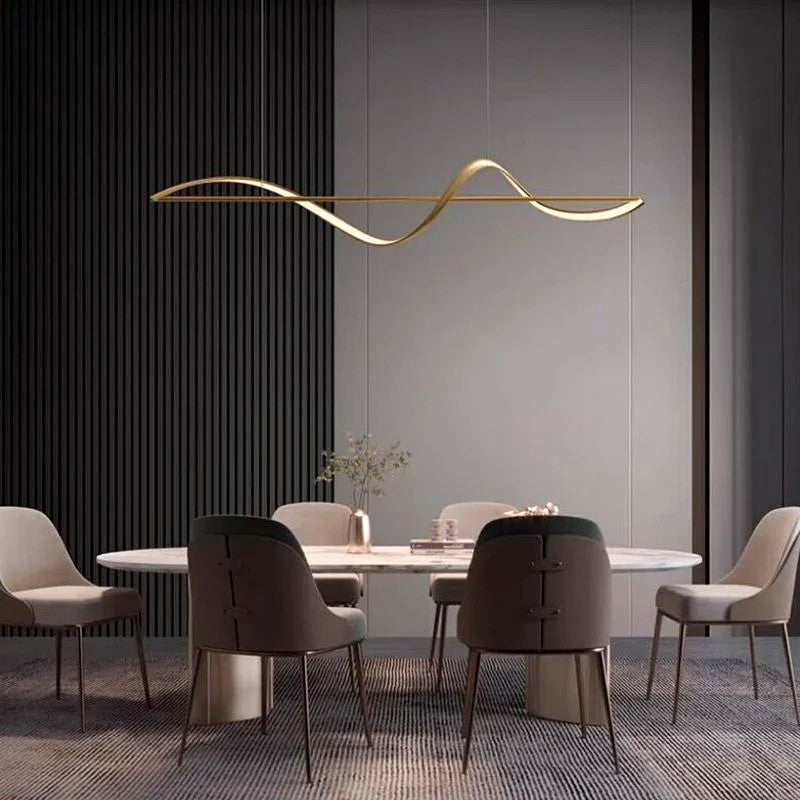 Suspension LED Ondulée Design Sculptural, Métal Silicone Fluide, Salon