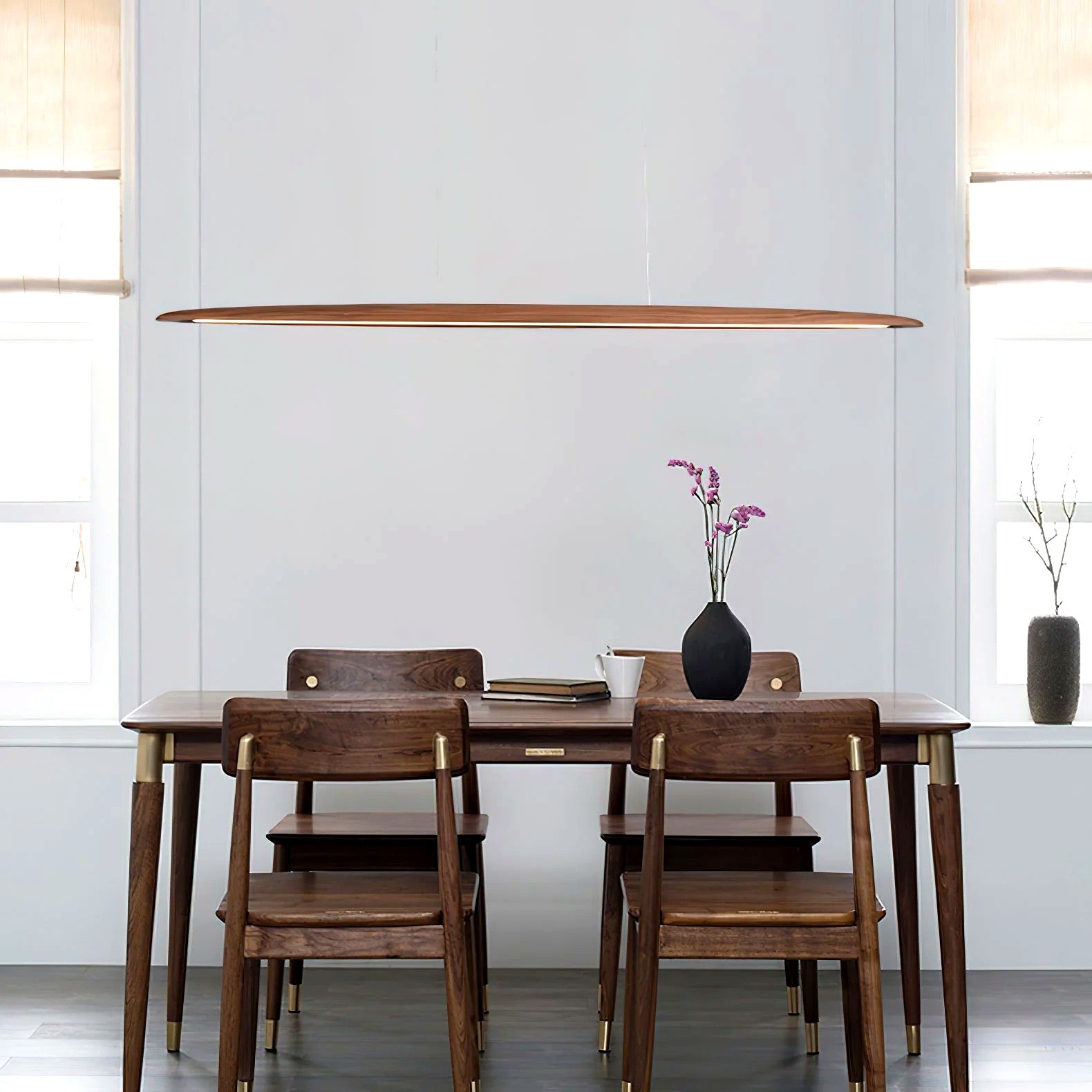 Suspension Linéaire Bois Minimaliste, Design Moderne Chaleureux, Salle