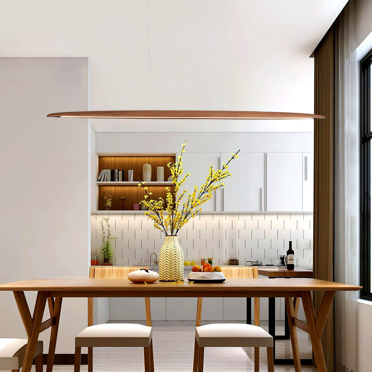 Suspension Linéaire Bois Minimaliste, Design Moderne Chaleureux, Salle
