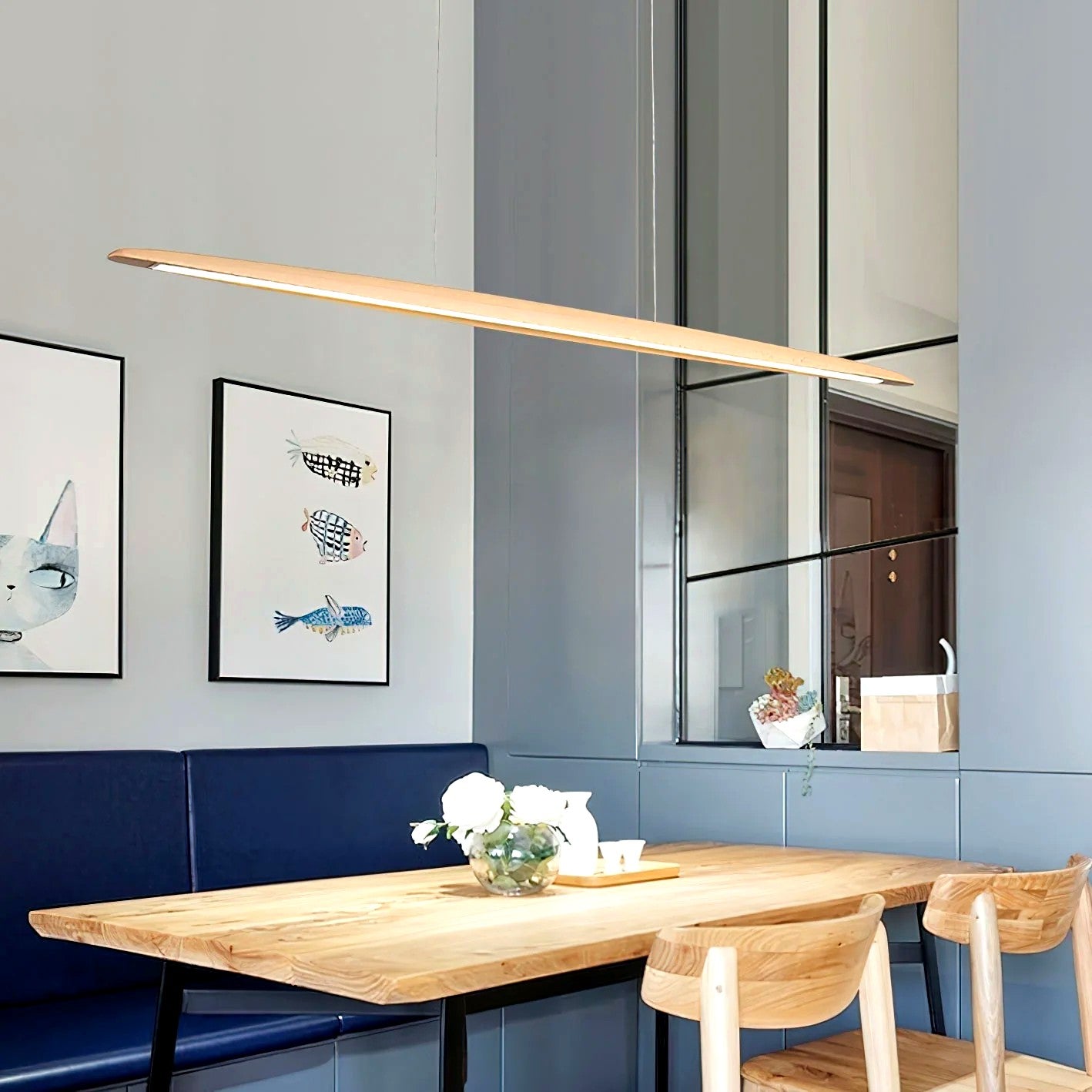 Suspension Linéaire Bois Minimaliste, Design Moderne Chaleureux, Salle