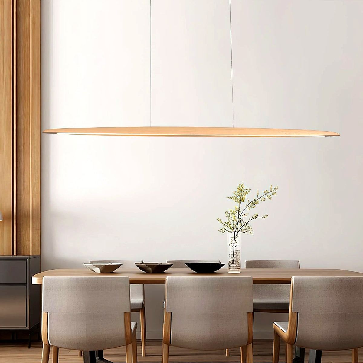 Suspension Linéaire Bois Minimaliste, Design Moderne Chaleureux, Salle