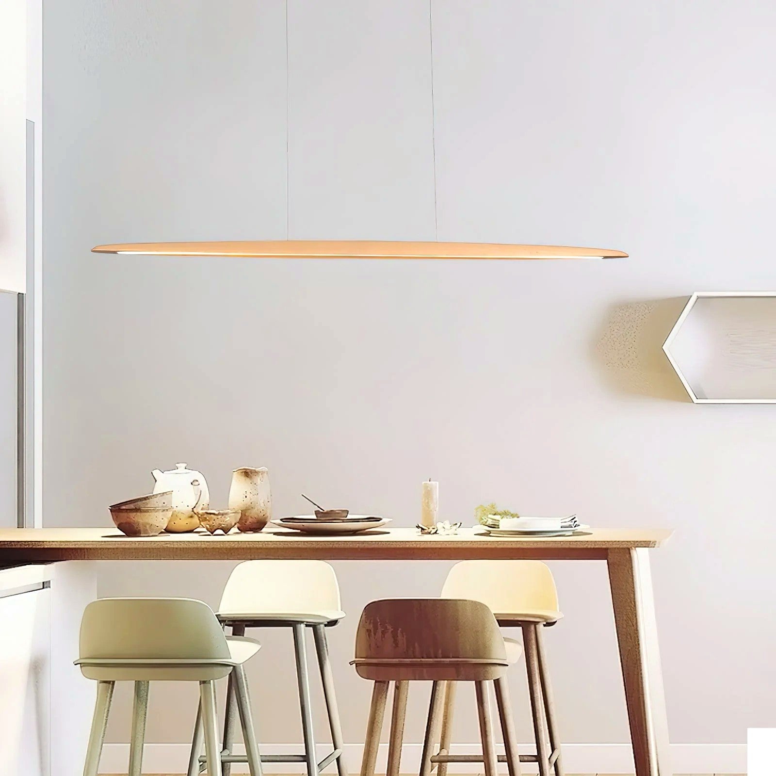 Suspension Linéaire Bois Minimaliste, Design Moderne Chaleureux, Salle