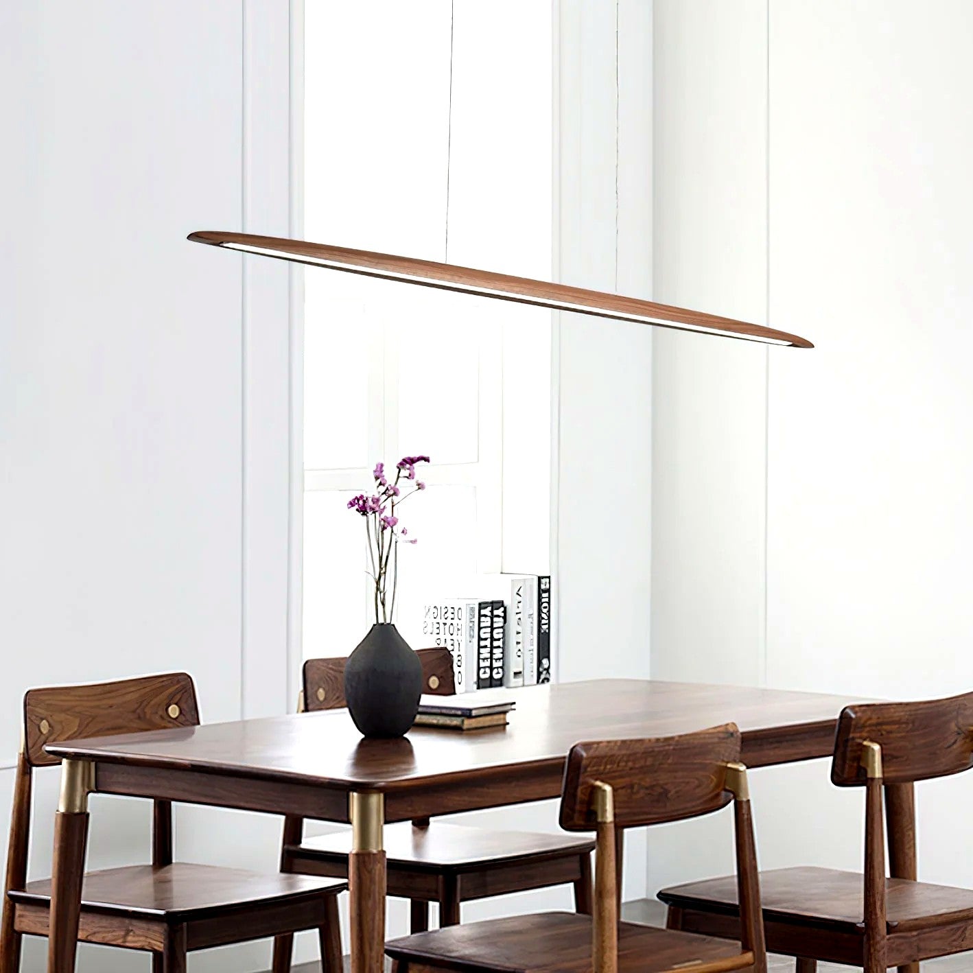 Suspension Linéaire Bois Minimaliste, Design Moderne Chaleureux, Salle