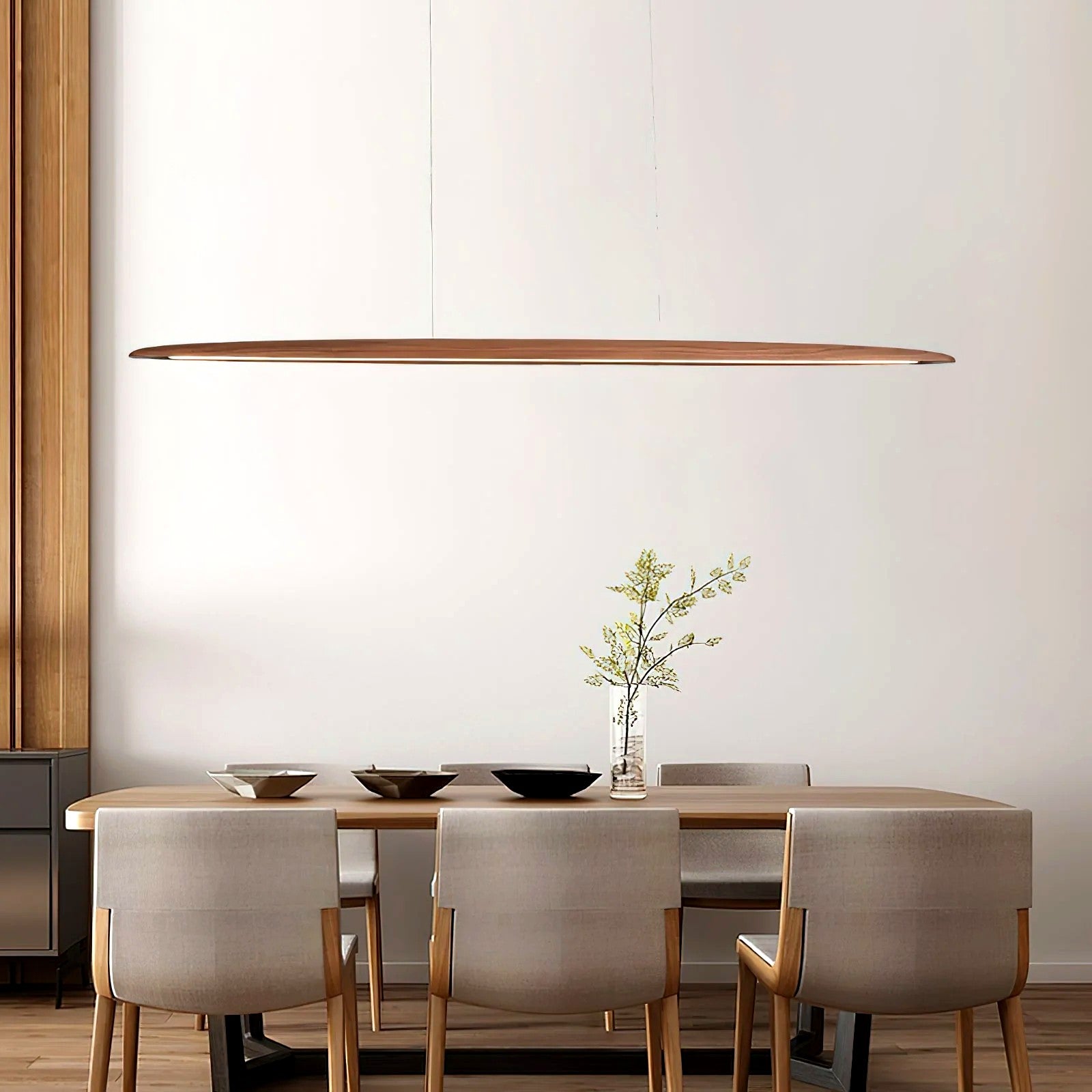 Suspension Linéaire Bois Minimaliste, Design Moderne Chaleureux, Salle