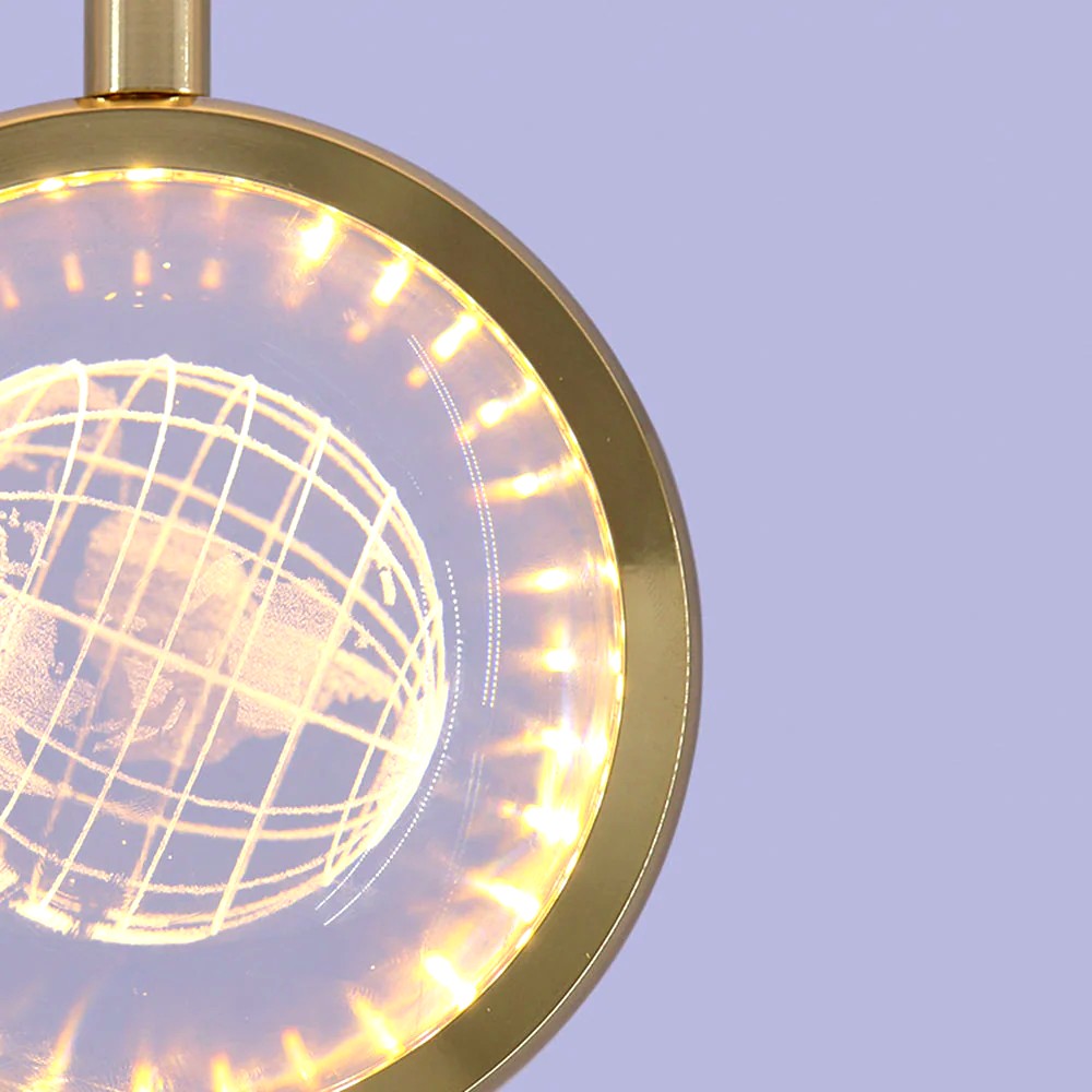 Suspension Ronde LED Métal Doré Cristal, Motifs Lumineux Décoratifs
